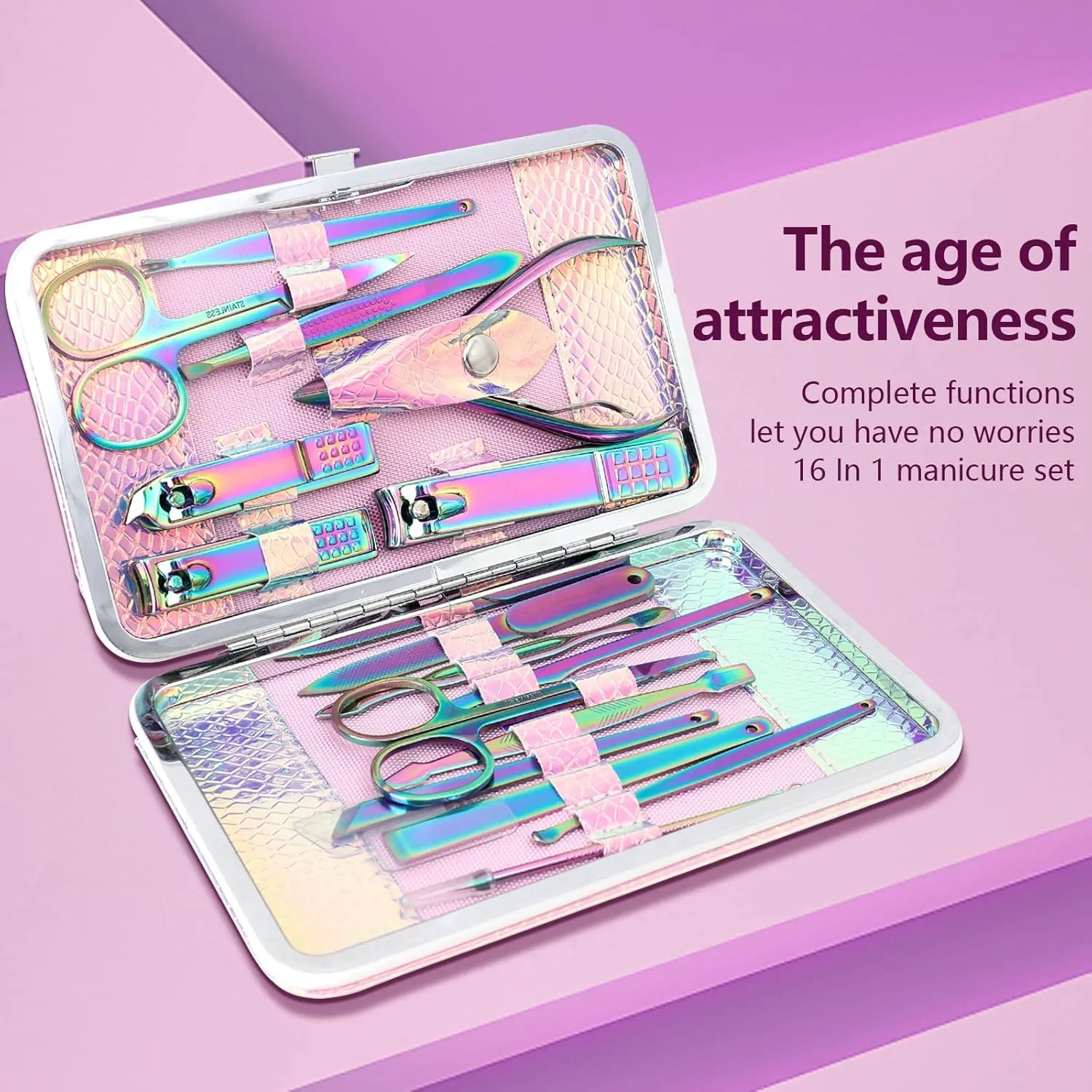Manicure Set Professional Pedicure Tools 16 in 1 Nail Clipers Care Kit Stainless Steel Laser Design Cuticle Nippers Mini Emergency Kit for Women with Mermaid Pearl Shinning PU leather Case