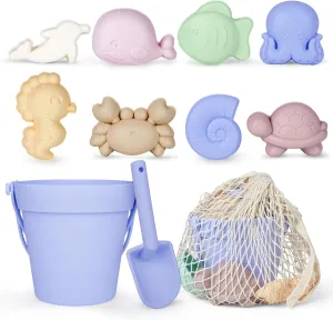 MarcZero 11Pcs Silicone Beach Toys,Modern Baby Beach Toys,Travel Friendly Beach Set,Silicone Bucket, Shovel, 8 Sand Molds, Beach Bag, Sand Toys for Toddlers, Kids (Blue Purple)