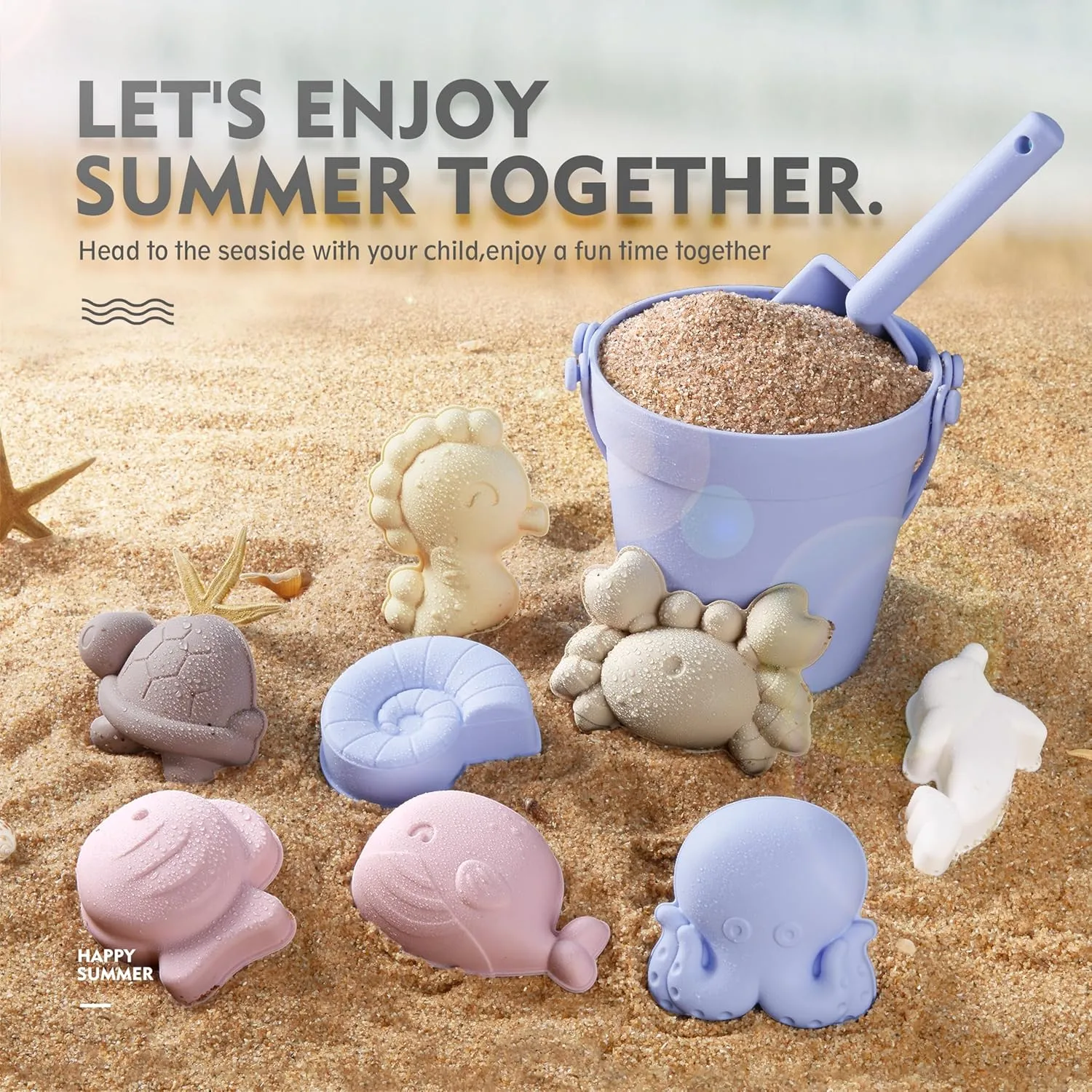 MarcZero 11Pcs Silicone Beach Toys,Modern Baby Beach Toys,Travel Friendly Beach Set,Silicone Bucket, Shovel, 8 Sand Molds, Beach Bag, Sand Toys for Toddlers, Kids (Blue Purple)