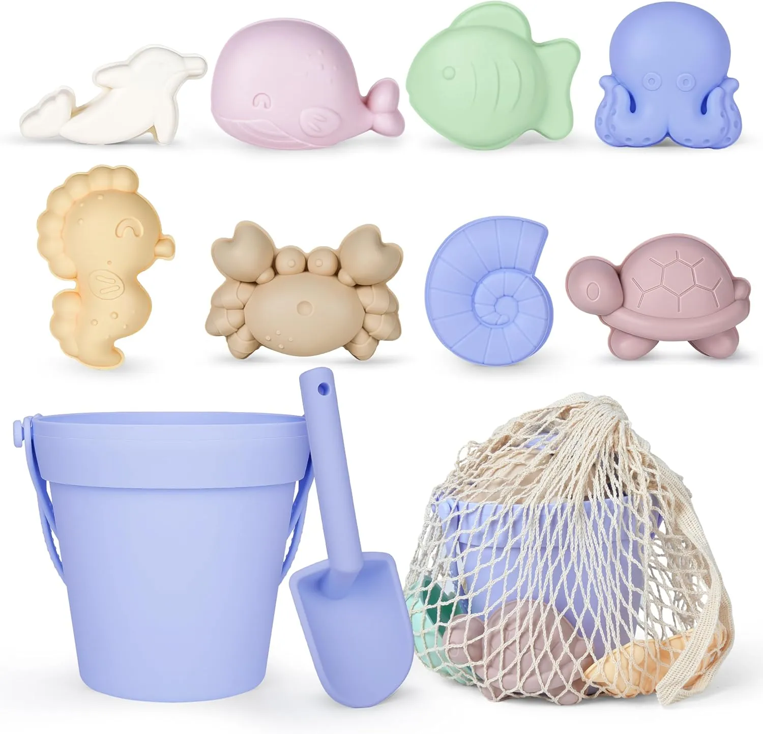 MarcZero 11Pcs Silicone Beach Toys,Modern Baby Beach Toys,Travel Friendly Beach Set,Silicone Bucket, Shovel, 8 Sand Molds, Beach Bag, Sand Toys for Toddlers, Kids (Blue Purple)