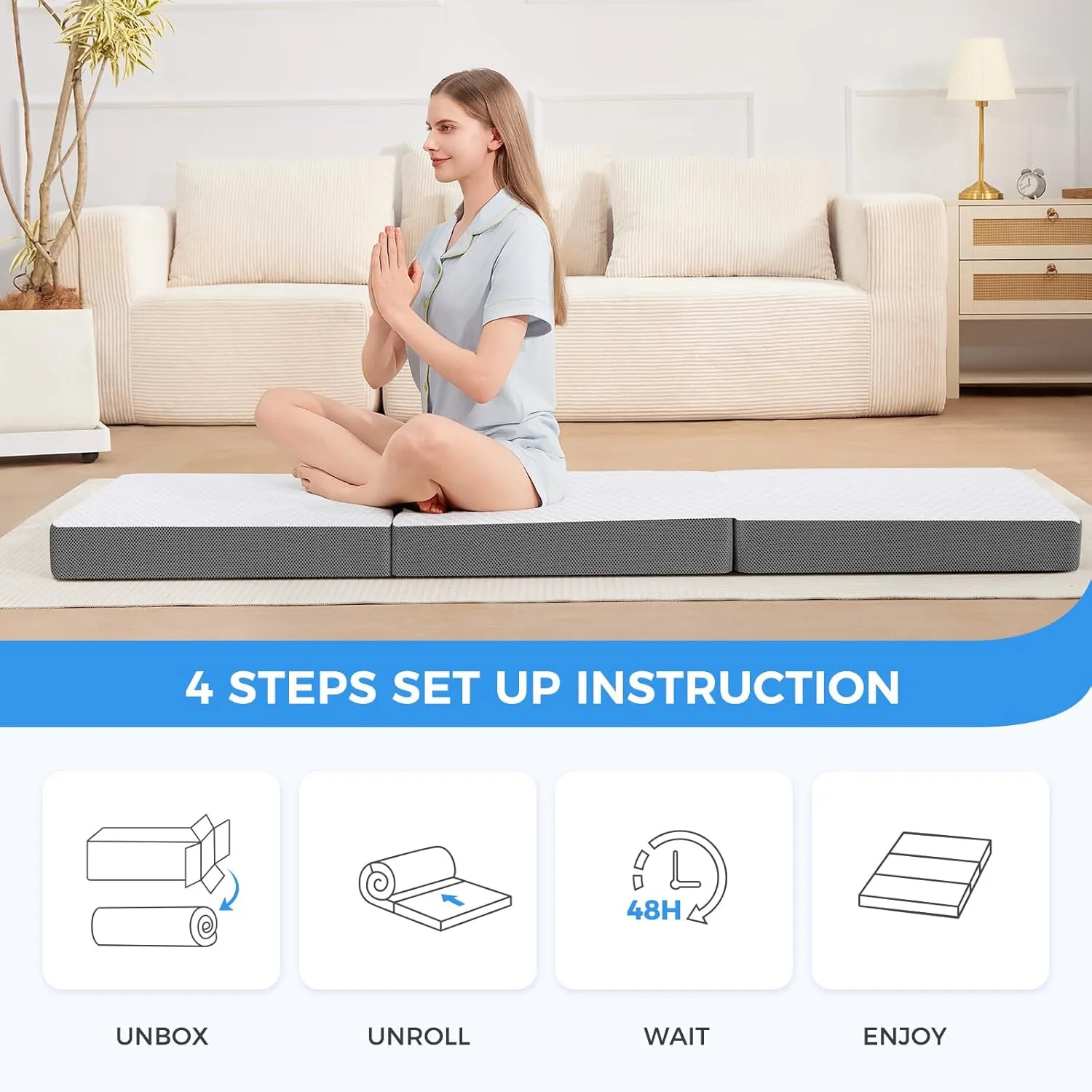 MASVIS Trifold Mattress, 4 Inch Memory Foam Foldable Mattress with Washable Cover, Tri-Folding Floor Bed for Camping, Twin XL