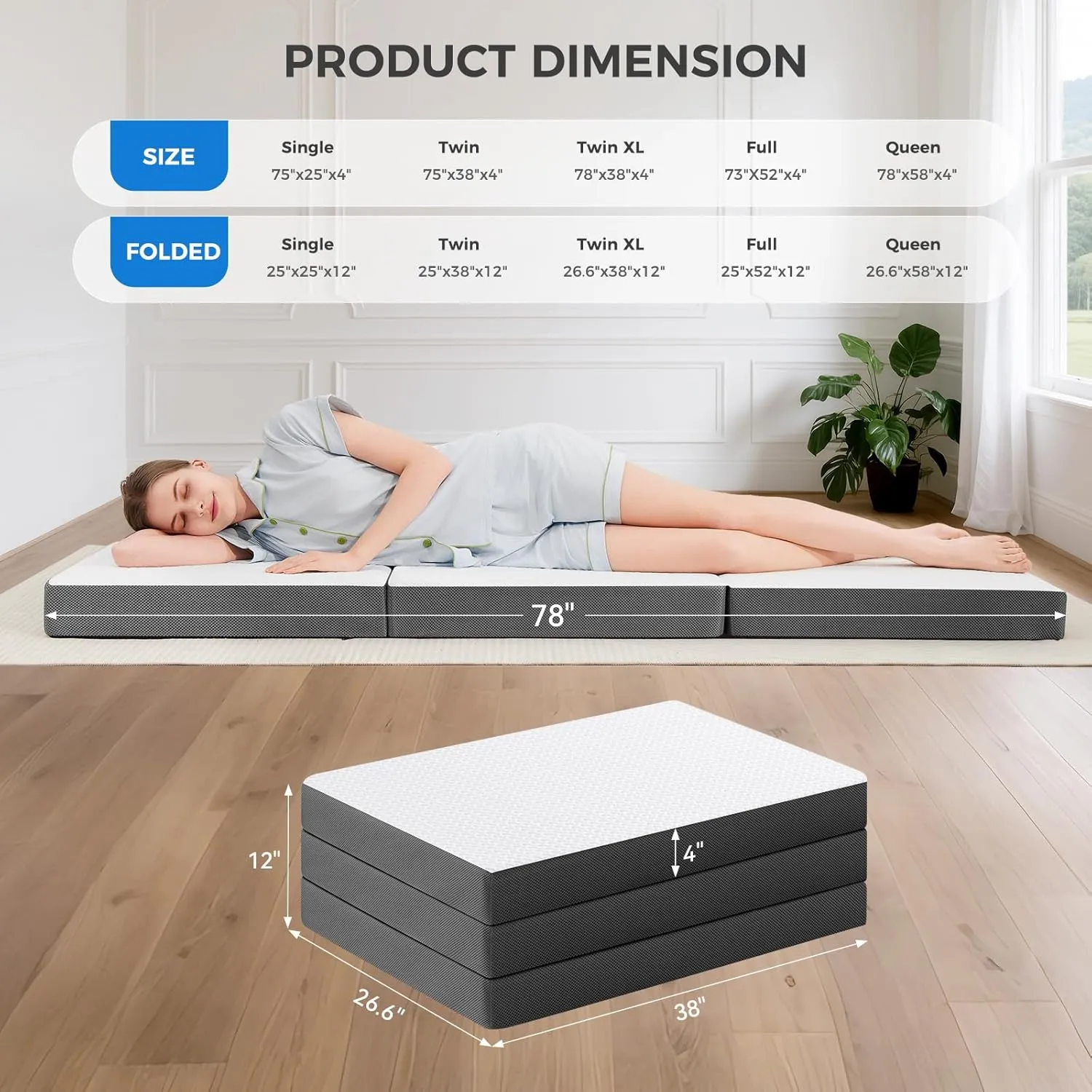 MASVIS Trifold Mattress, 4 Inch Memory Foam Foldable Mattress with Washable Cover, Tri-Folding Floor Bed for Camping, Twin XL