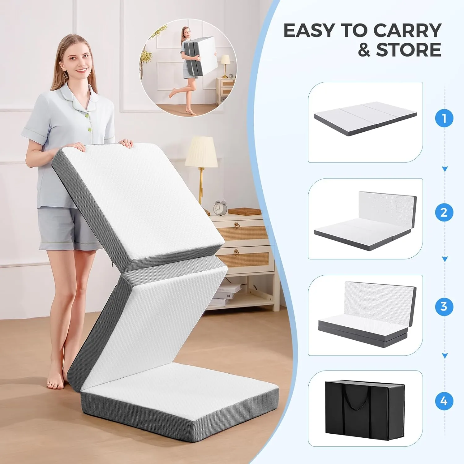 MASVIS Trifold Mattress, 4 Inch Memory Foam Foldable Mattress with Washable Cover, Tri-Folding Floor Bed for Camping, Twin XL
