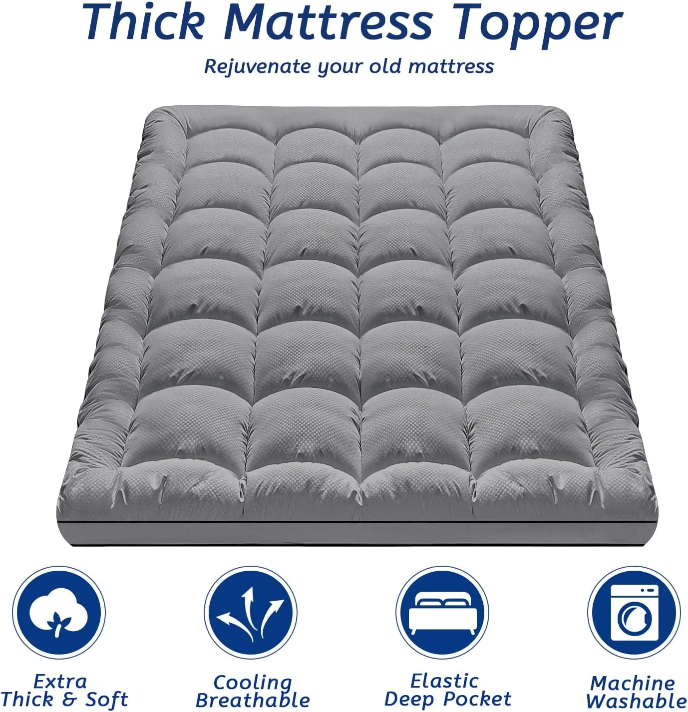 MATBEBY Extra Thick Twin Mattress Topper, 39"x75", Dark Grey, Breathable, Quilted Fitted, Deep Pocket, Machine Washable