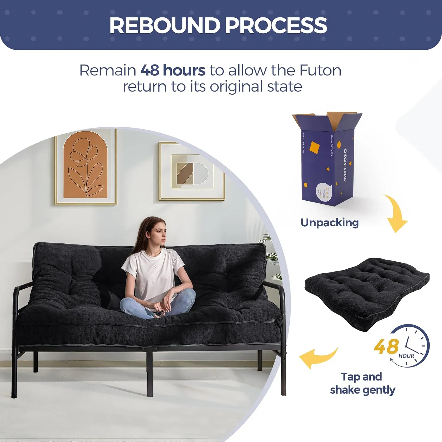 MAXYOYO 6" Futon Mattress Full Size, Thick Boucle Futons Sofa Couch Bed Sleeper Sofa Bed Floor Mattress for Adults, Shredded Foam Filling (Frame Not Included), Black