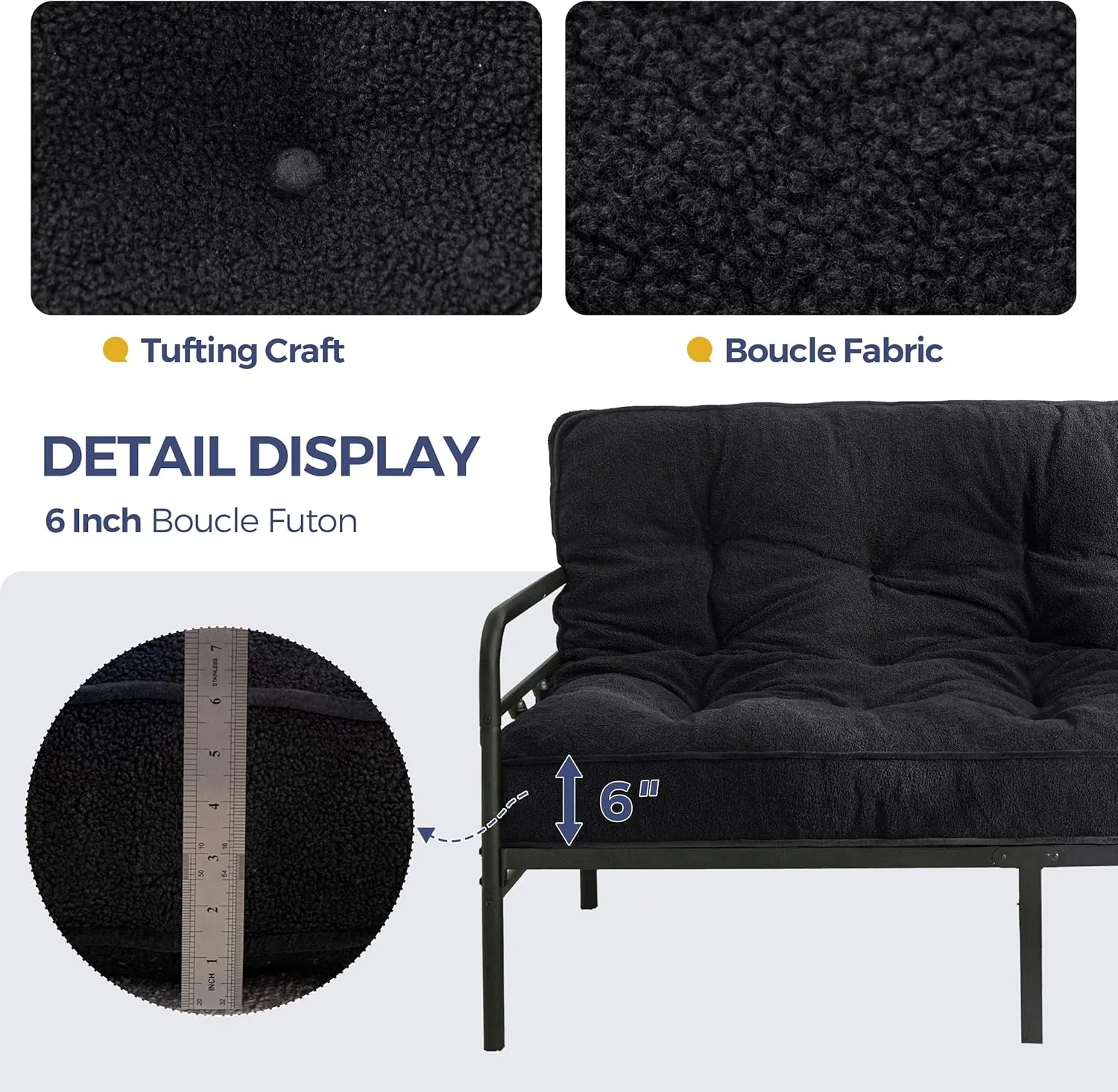 MAXYOYO 6" Futon Mattress Full Size, Thick Boucle Futons Sofa Couch Bed Sleeper Sofa Bed Floor Mattress for Adults, Shredded Foam Filling (Frame Not Included), Black