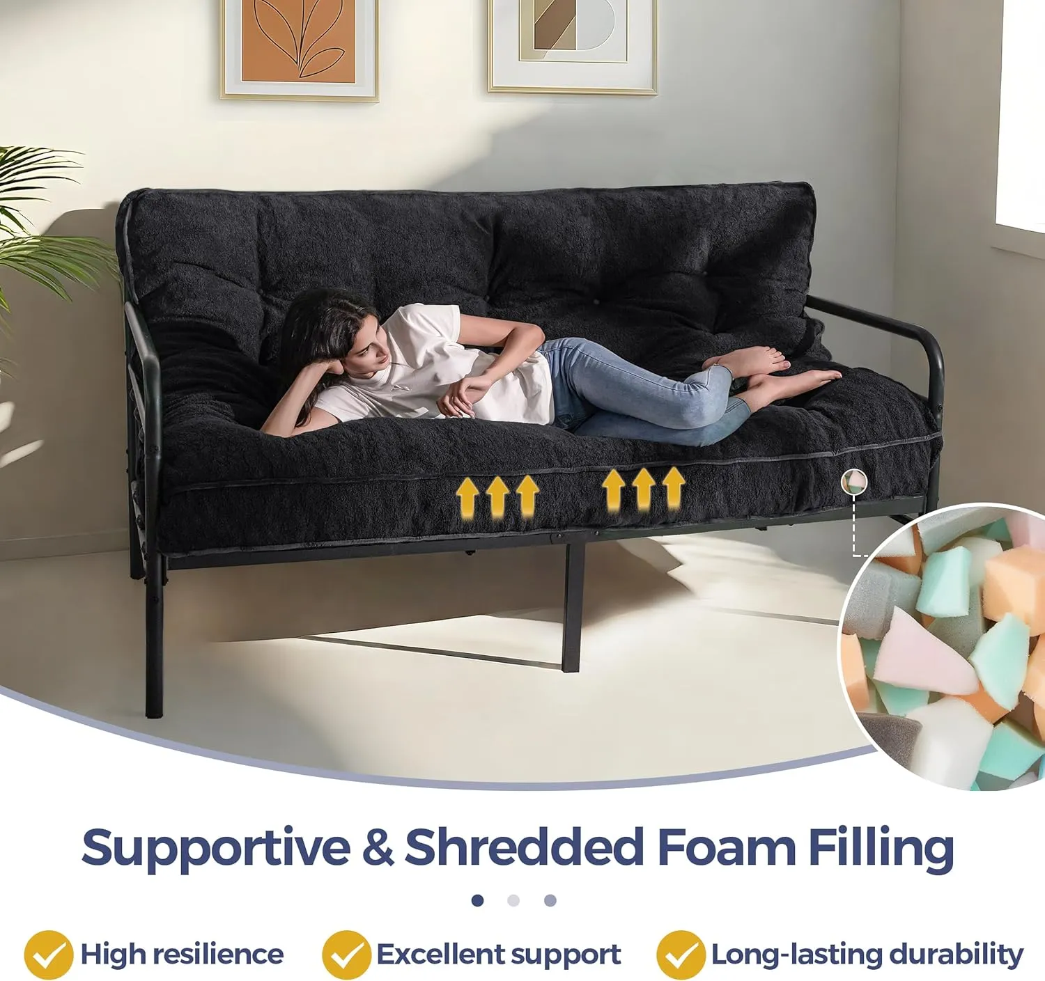 MAXYOYO 6" Futon Mattress Full Size, Thick Boucle Futons Sofa Couch Bed Sleeper Sofa Bed Floor Mattress for Adults, Shredded Foam Filling (Frame Not Included), Black