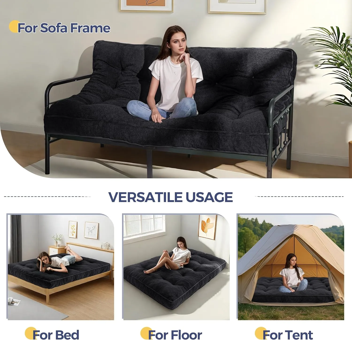 MAXYOYO 6" Futon Mattress Full Size, Thick Boucle Futons Sofa Couch Bed Sleeper Sofa Bed Floor Mattress for Adults, Shredded Foam Filling (Frame Not Included), Black