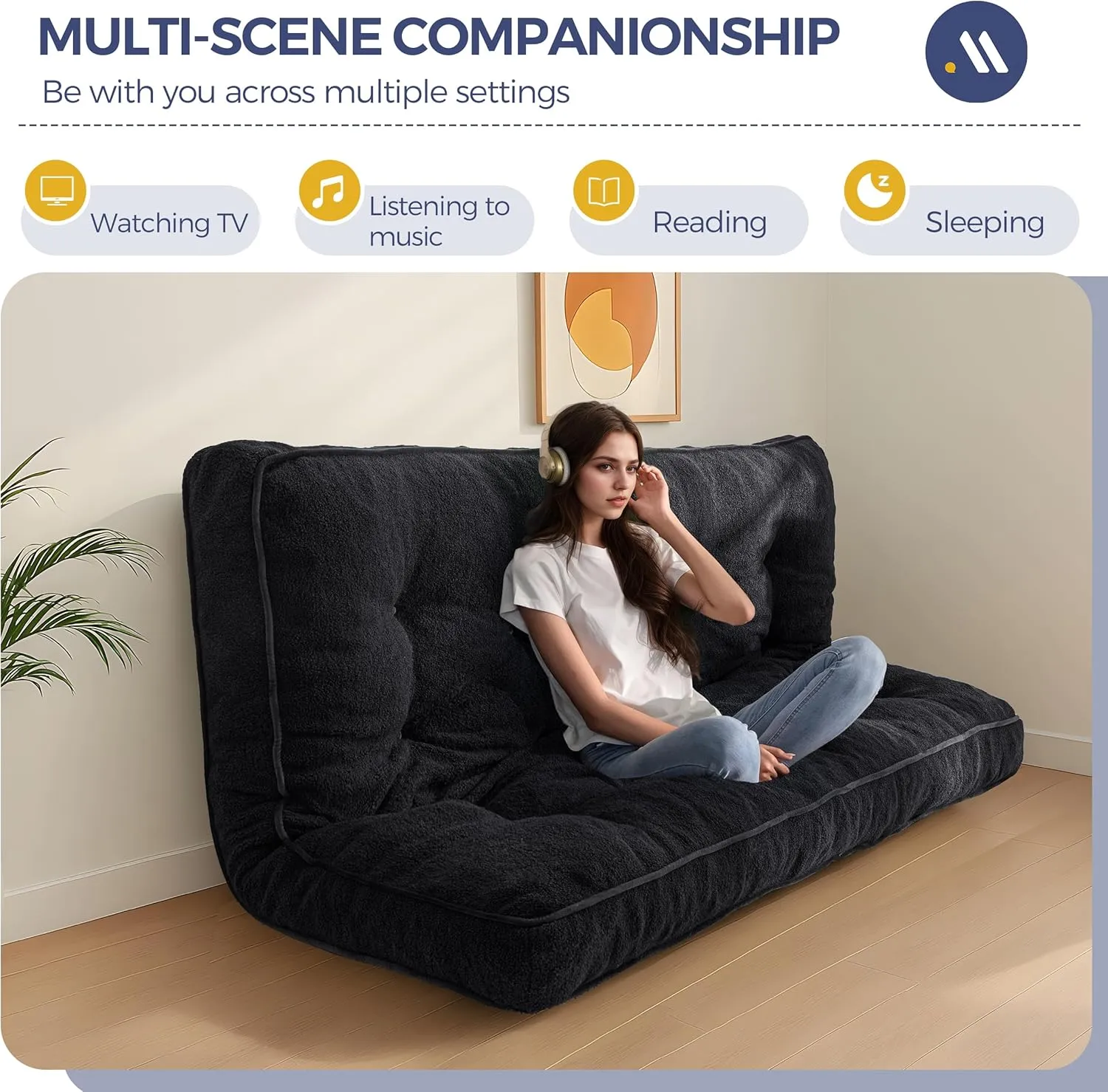 MAXYOYO 6" Futon Mattress Full Size, Thick Boucle Futons Sofa Couch Bed Sleeper Sofa Bed Floor Mattress for Adults, Shredded Foam Filling (Frame Not Included), Black