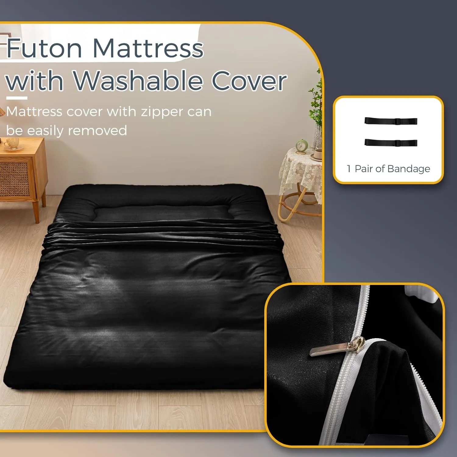 MAXYOYO 6" Thick Japanese Floor Mattress Futon Mattress, Foldable Tatami Pad for Adults, Roll Up Floor Bed for Guest Room Bedroom RV, Black, Queen