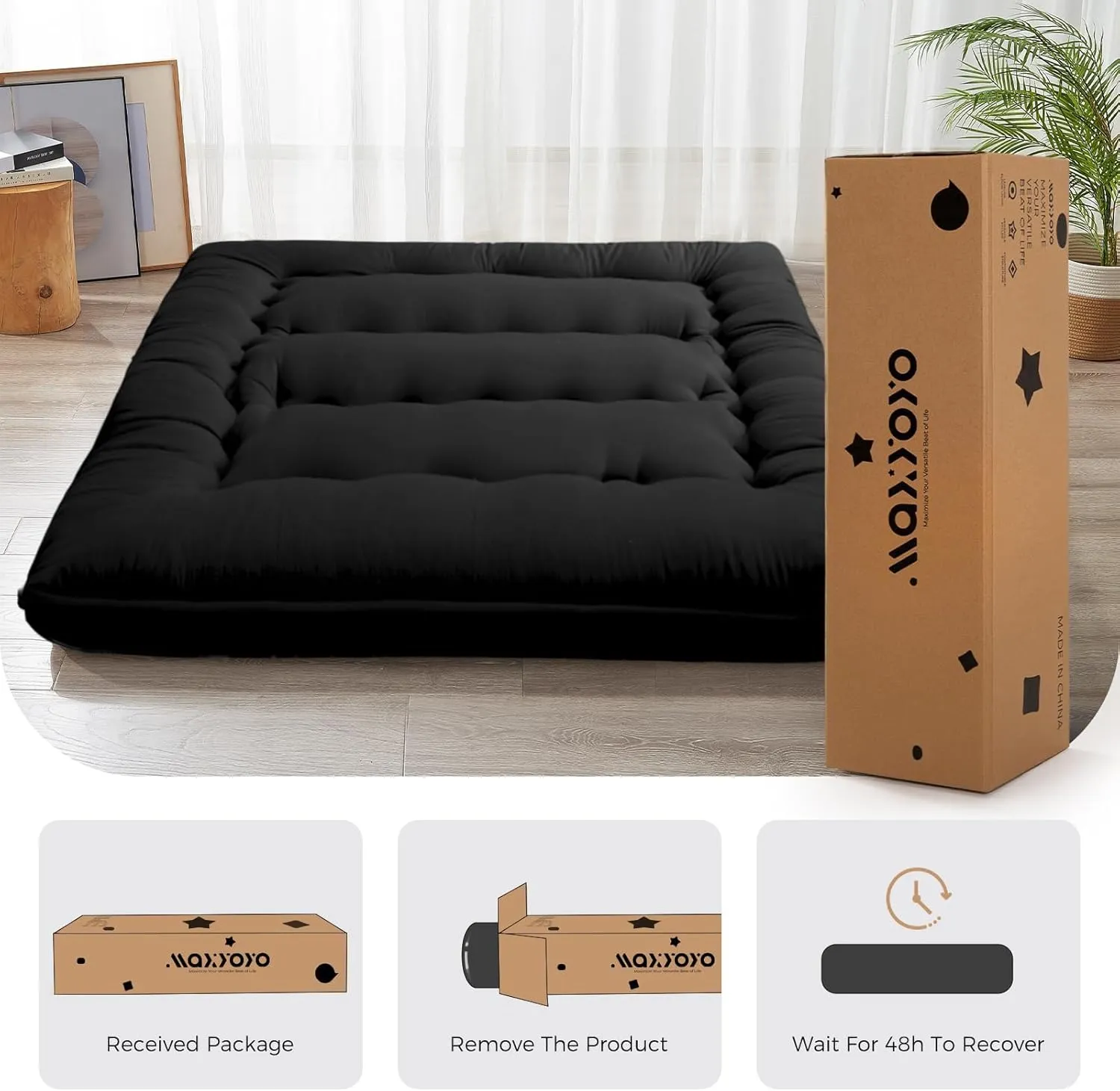 MAXYOYO 6" Thick Japanese Floor Mattress Futon Mattress, Foldable Tatami Pad for Adults, Roll Up Floor Bed for Guest Room Bedroom RV, Black, Queen