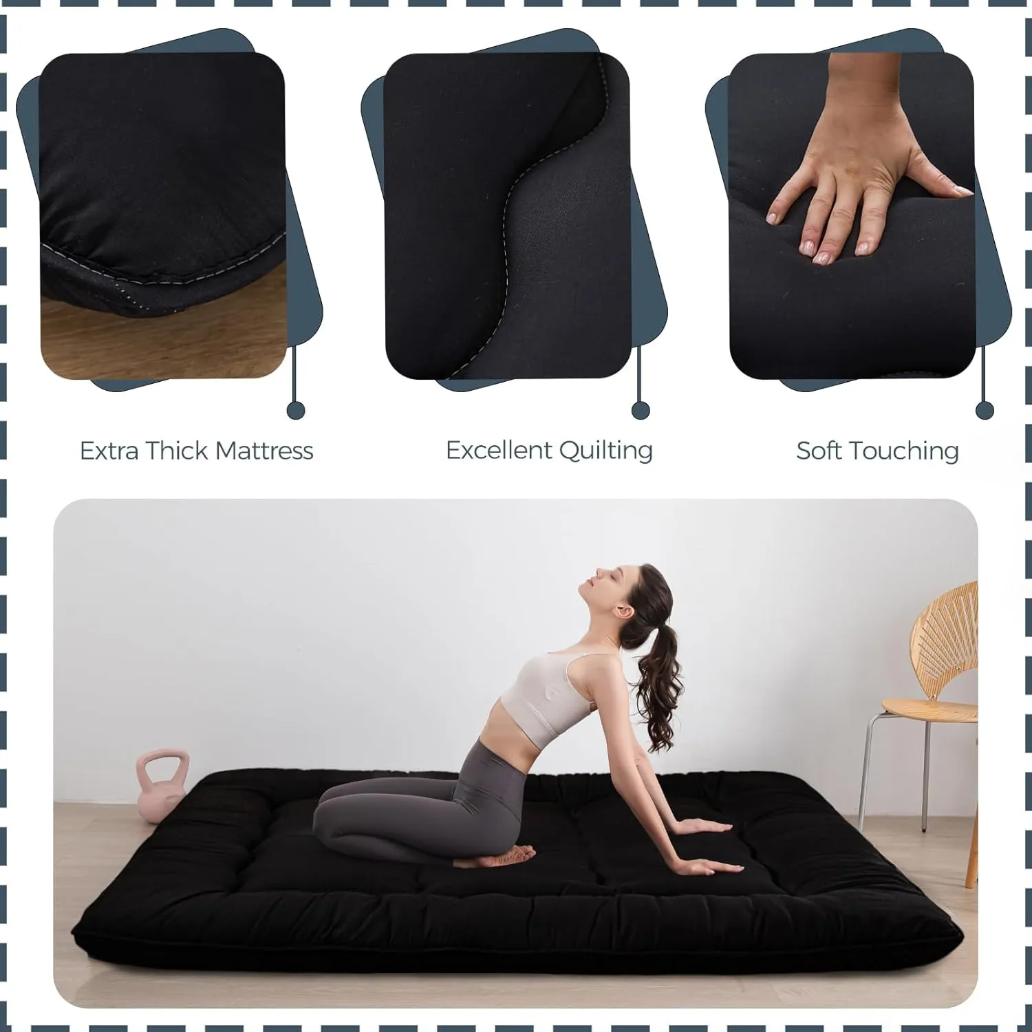 MAXYOYO 6" Thick Japanese Floor Mattress Futon Mattress, Foldable Tatami Pad for Adults, Roll Up Floor Bed for Guest Room Bedroom RV, Black, Queen