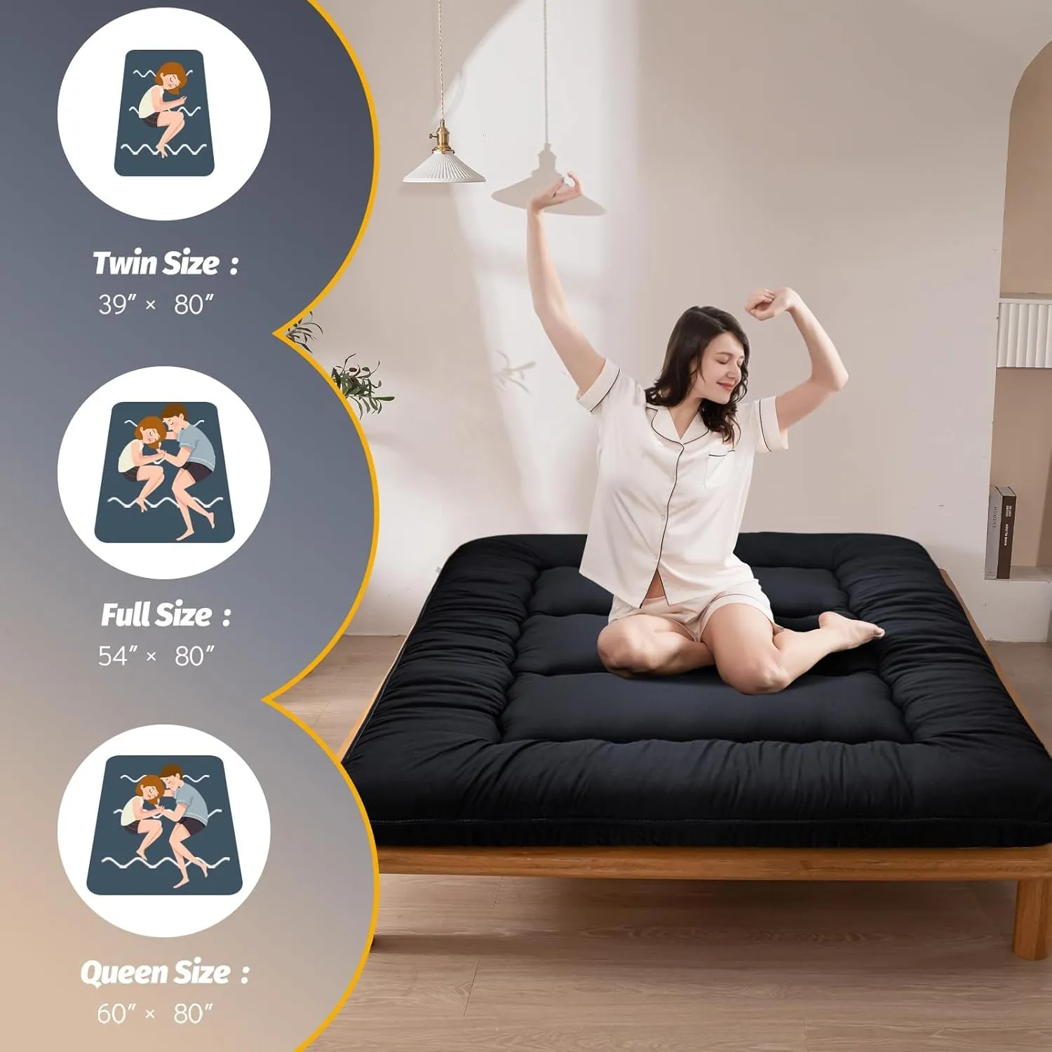 MAXYOYO 6" Thick Japanese Floor Mattress Futon Mattress, Foldable Tatami Pad for Adults, Roll Up Floor Bed for Guest Room Bedroom RV, Black, Queen
