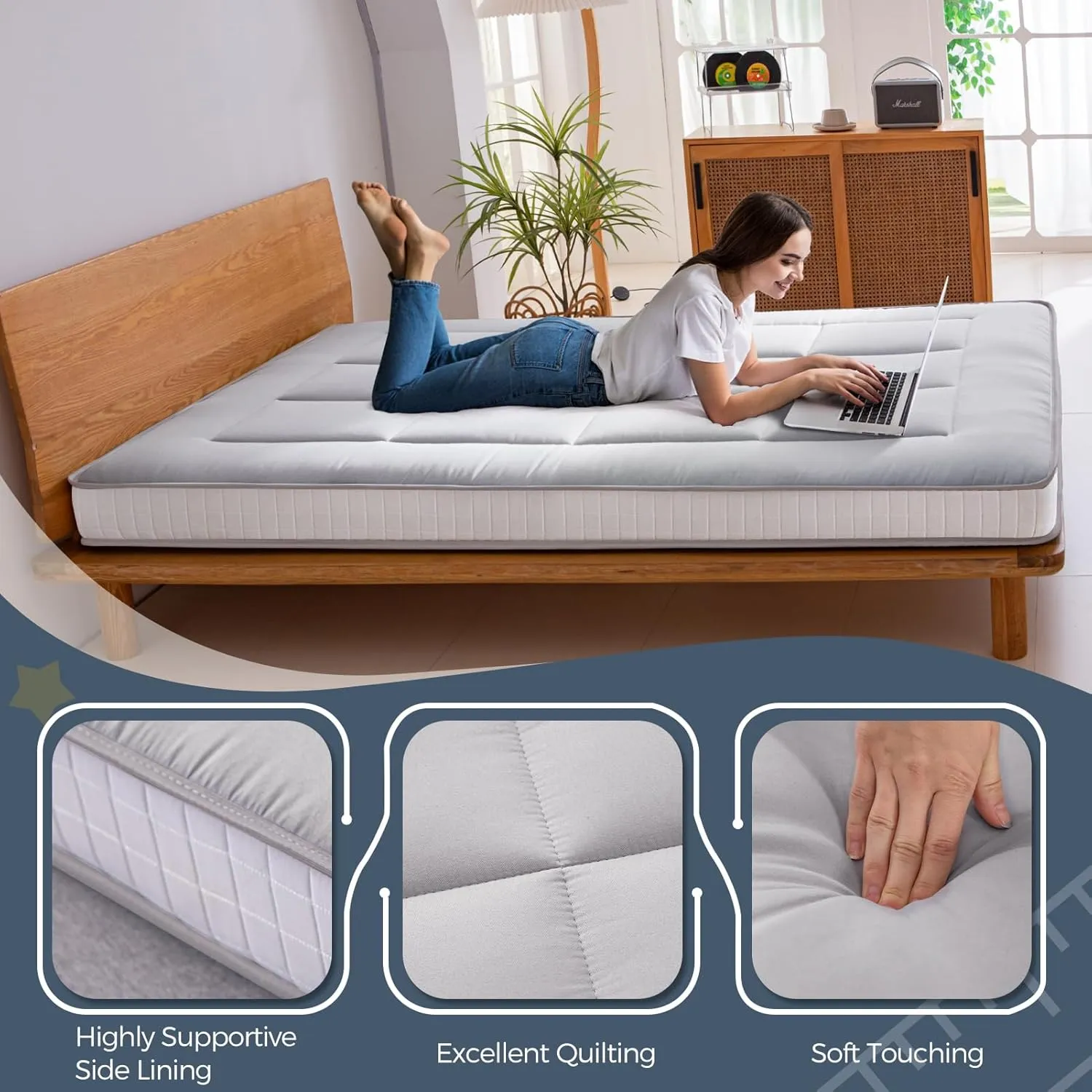 MAXYOYO Brand 6" Full Mattress, Grey, Medium, Floor Futon Mattress with Upgraded High-Density Base Support Foam, Includes Dustproof Cover & Straps