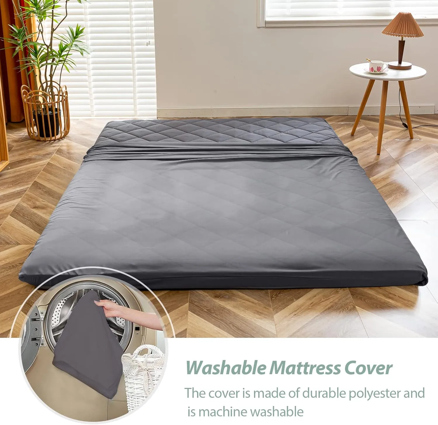 MAXYOYO Japanese Floor Futon Mattress Full Size, Couch for Adults Roll Up Folding Bed, Portable Foam Mattress Queen, Diamond Patterned Futon Bed, Dark Grey