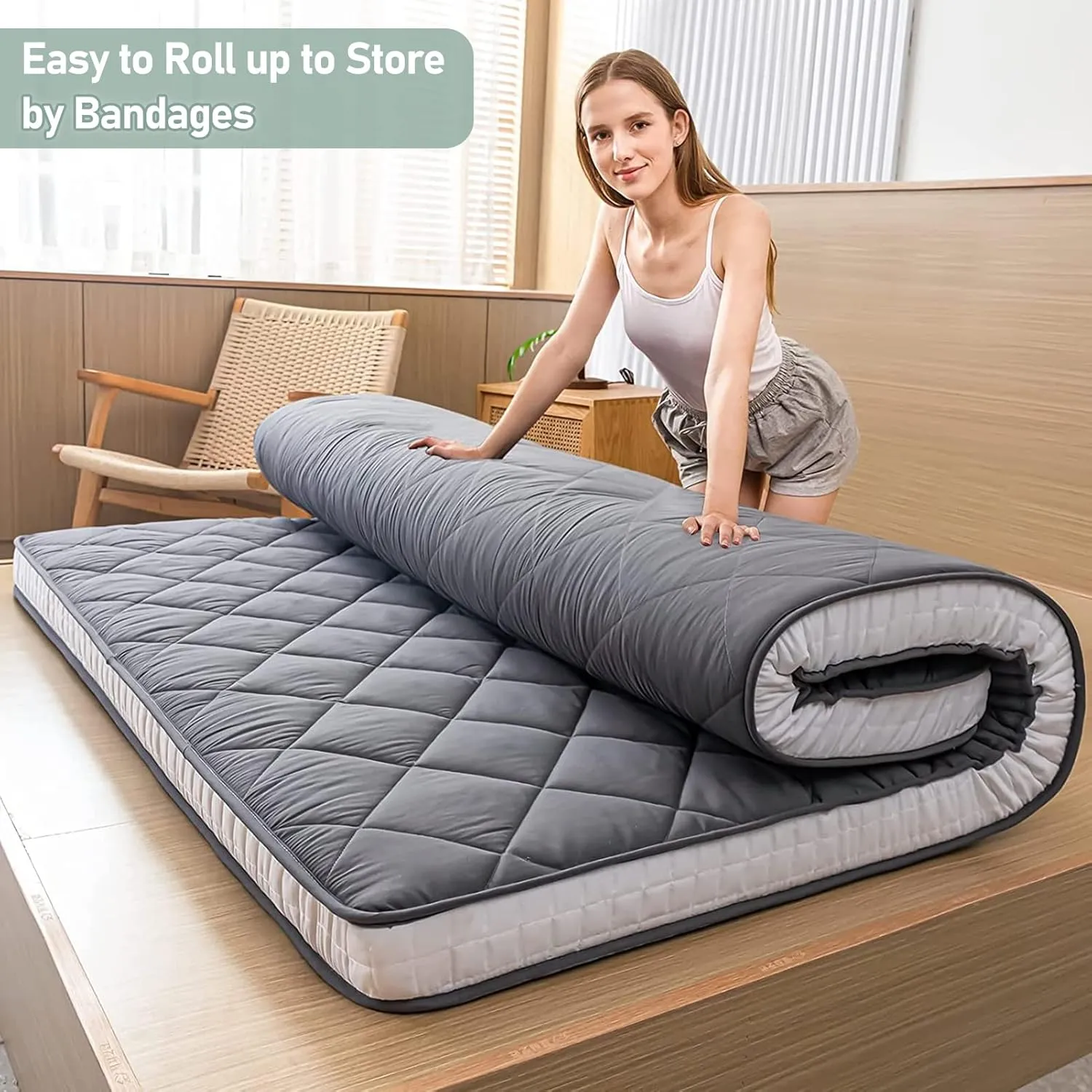 MAXYOYO Japanese Floor Futon Mattress Full Size, Couch for Adults Roll Up Folding Bed, Portable Foam Mattress Queen, Diamond Patterned Futon Bed, Dark Grey