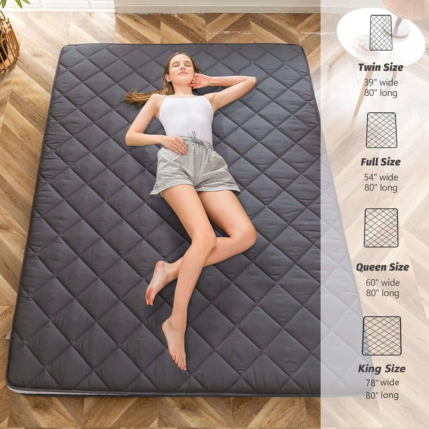 MAXYOYO Japanese Floor Futon Mattress Full Size, Couch for Adults Roll Up Folding Bed, Portable Foam Mattress Queen, Diamond Patterned Futon Bed, Dark Grey