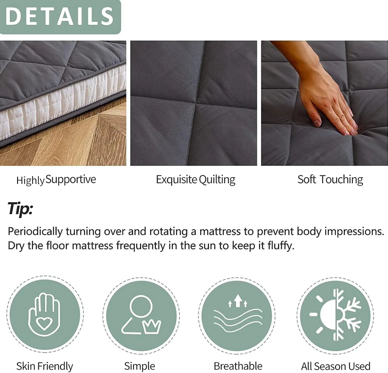MAXYOYO Japanese Floor Futon Mattress Full Size, Couch for Adults Roll Up Folding Bed, Portable Foam Mattress Queen, Diamond Patterned Futon Bed, Dark Grey