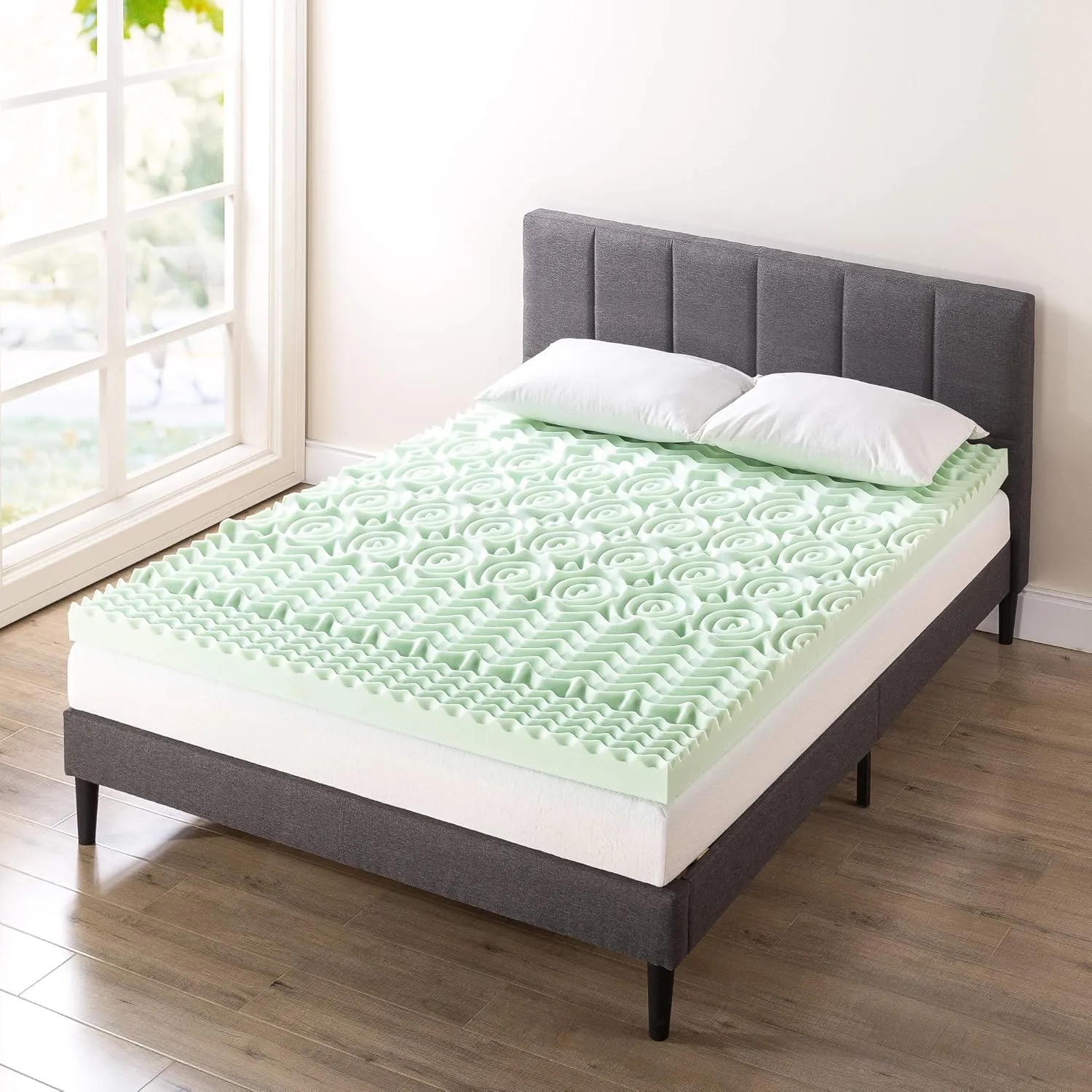 Mellow 4 Inch 5-Zone Memory Foam Mattress Topper, Calming Green Tea Infusion, Twin