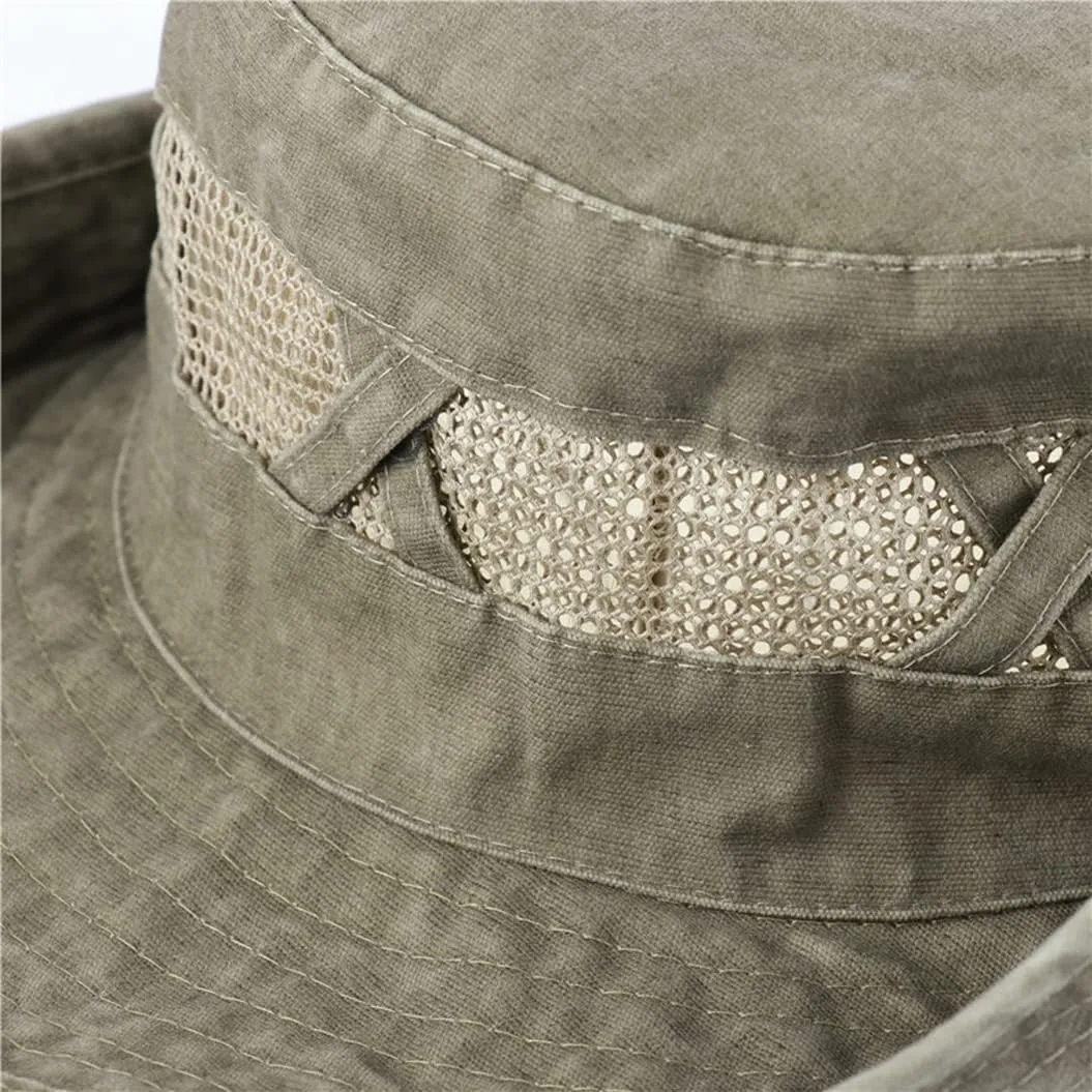 Men Women Cotton Boonie Hat Summer Mesh Breathable Sun Hat Camping Hiking Fishing Panama Bucket Cap Visor