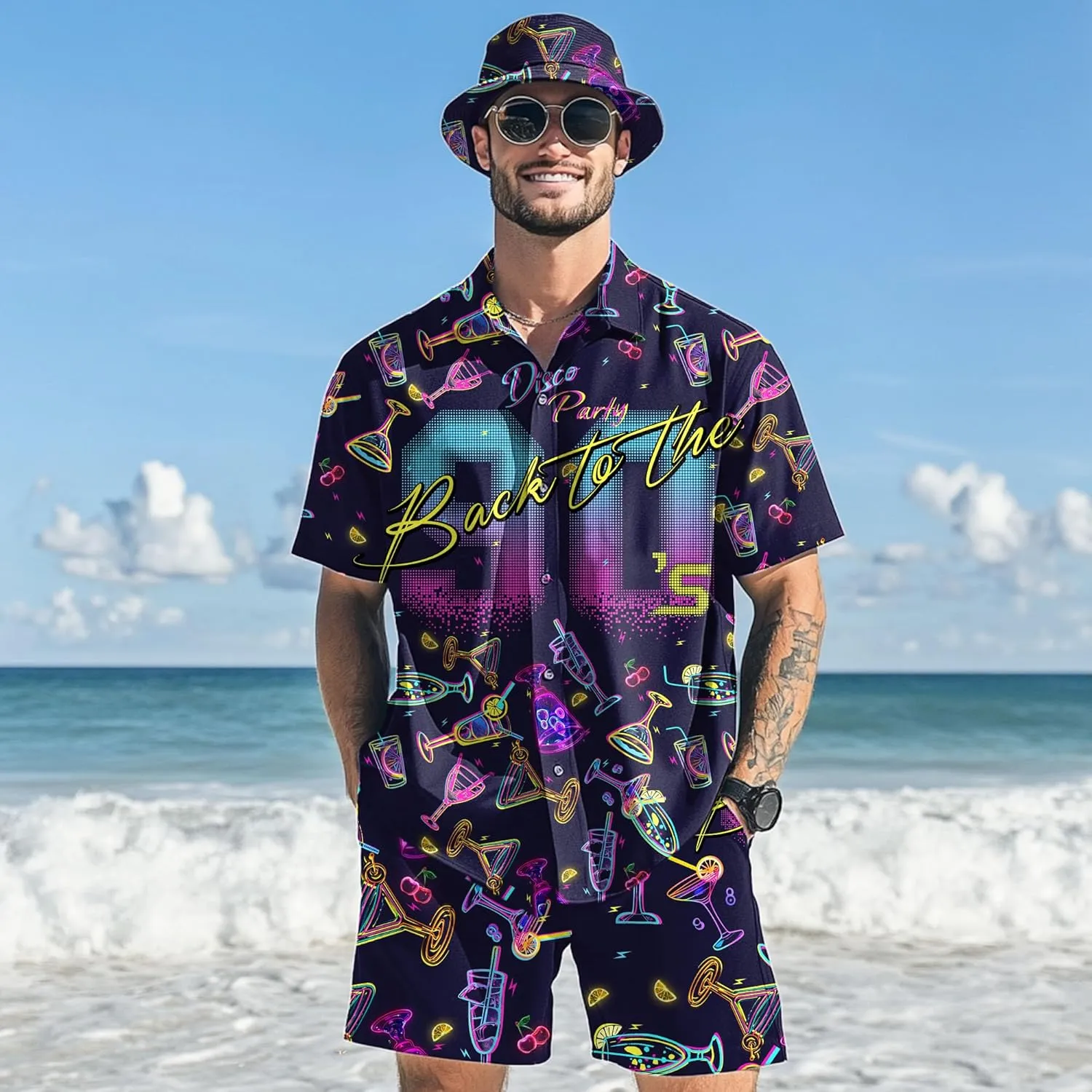 Men's 2 piece 80s 90s rave outfits for Men Hawaiian Shirts with a Bucket Hat