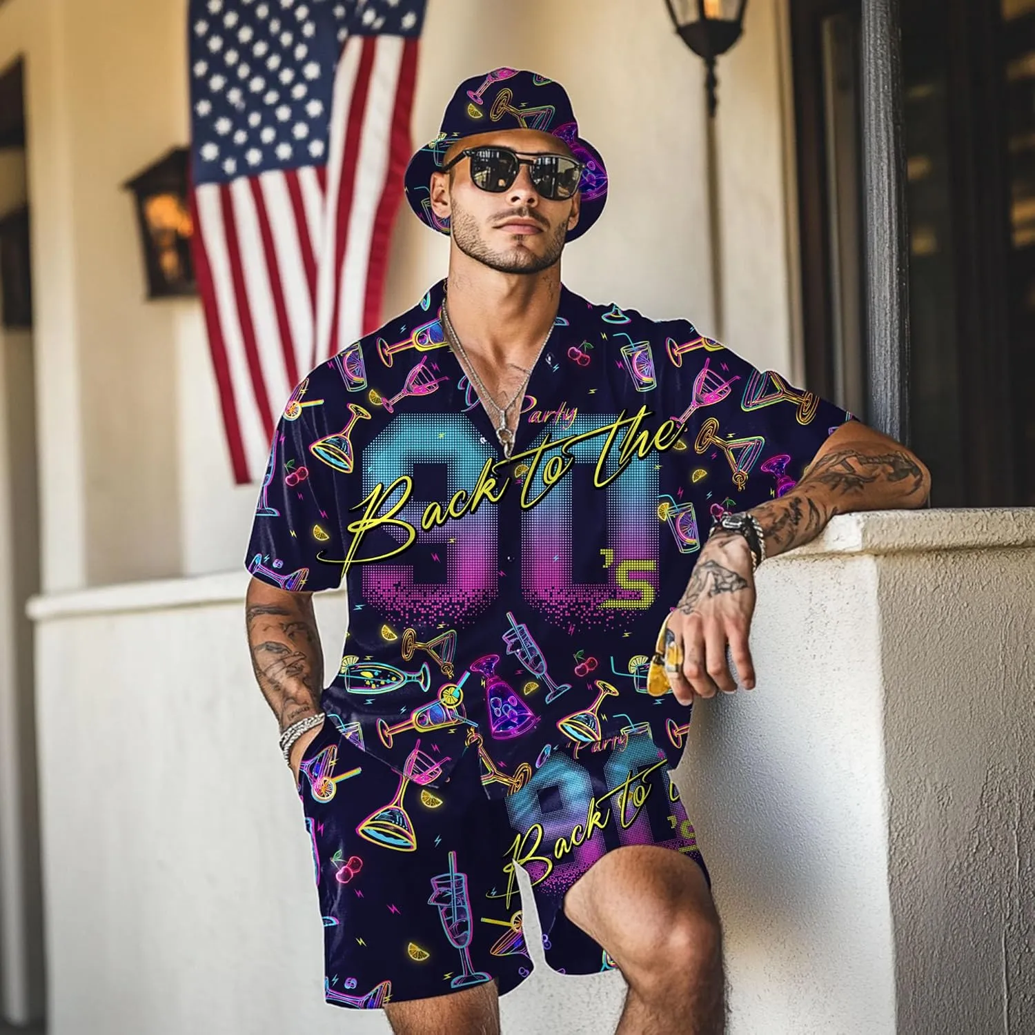 Men's 2 piece 80s 90s rave outfits for Men Hawaiian Shirts with a Bucket Hat