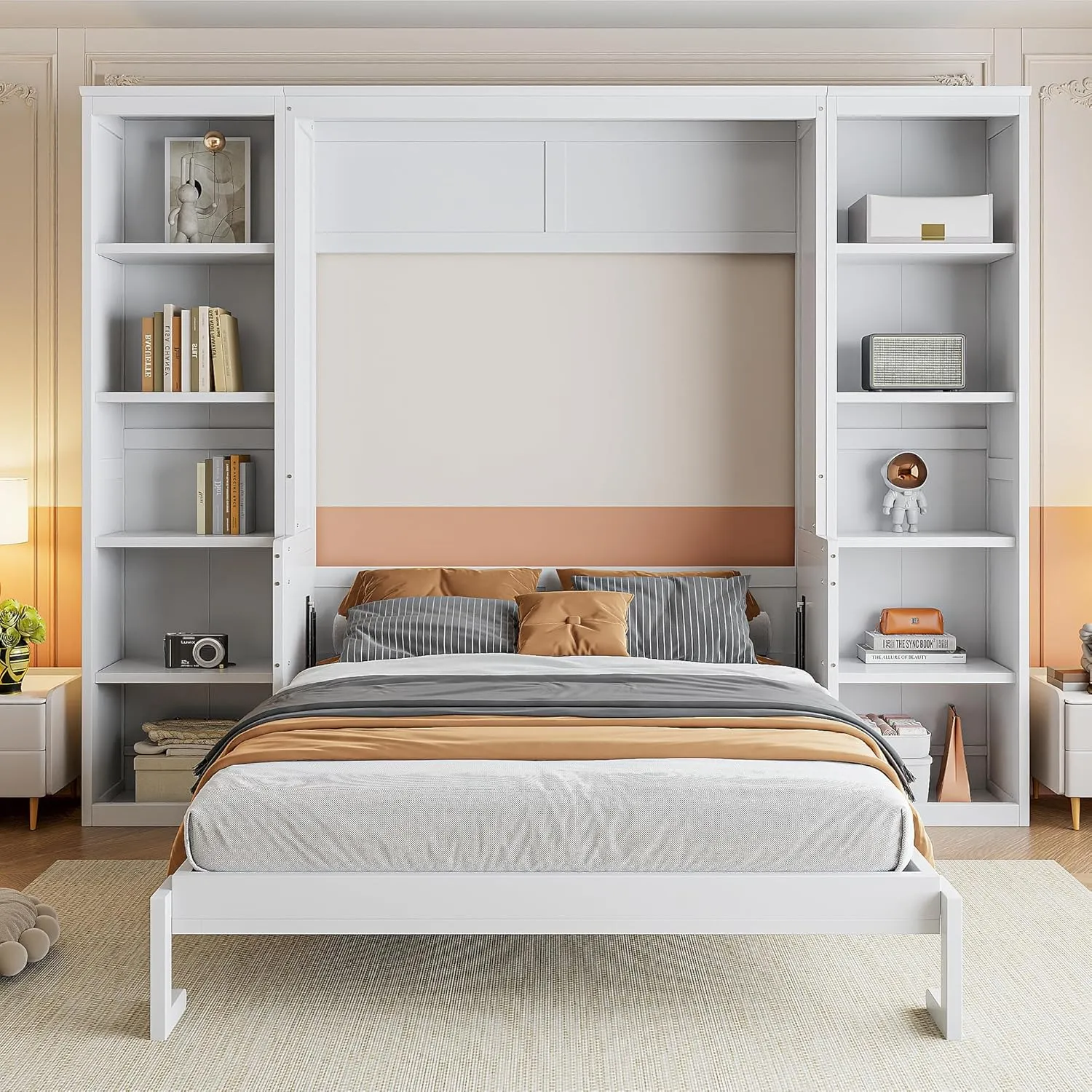 Merax Full Size Murphy Bed with Desk and Bookshelf, White