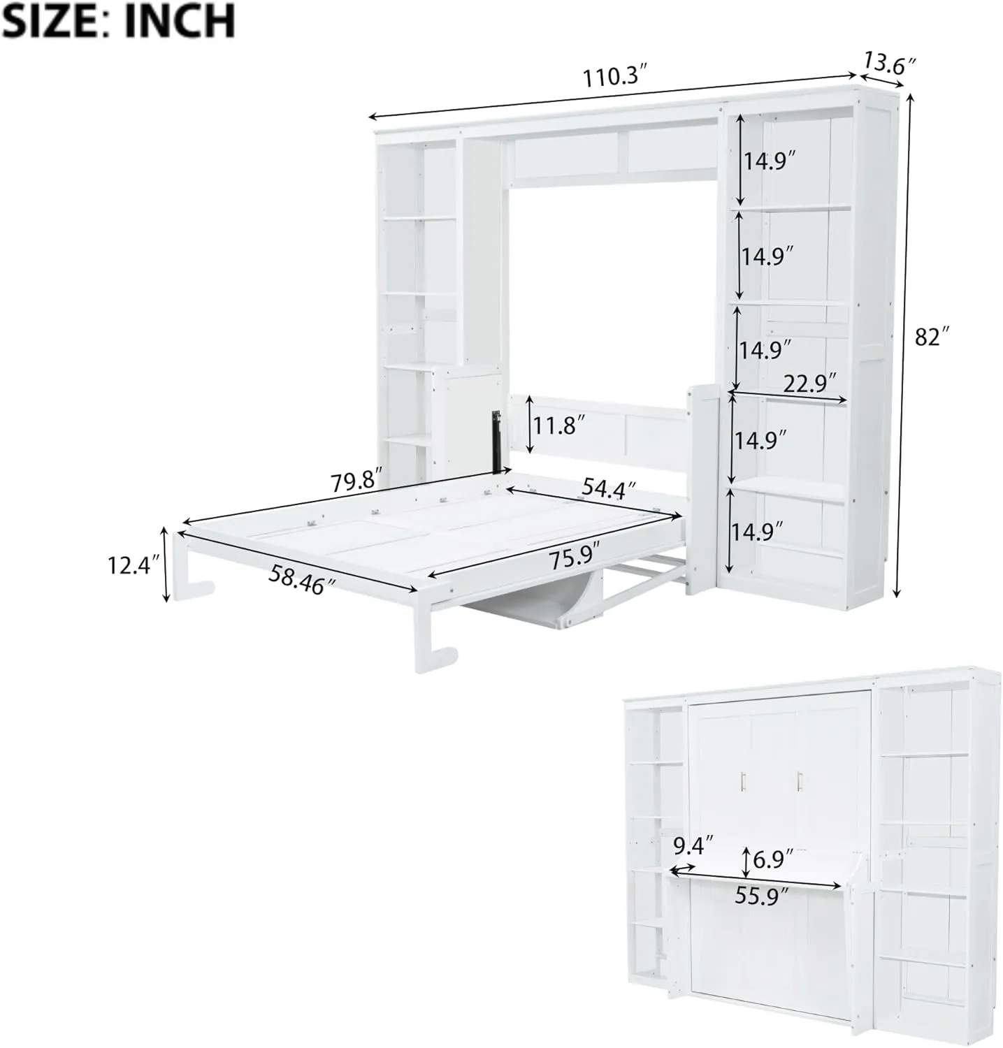 Merax Full Size Murphy Bed with Desk and Bookshelf, White