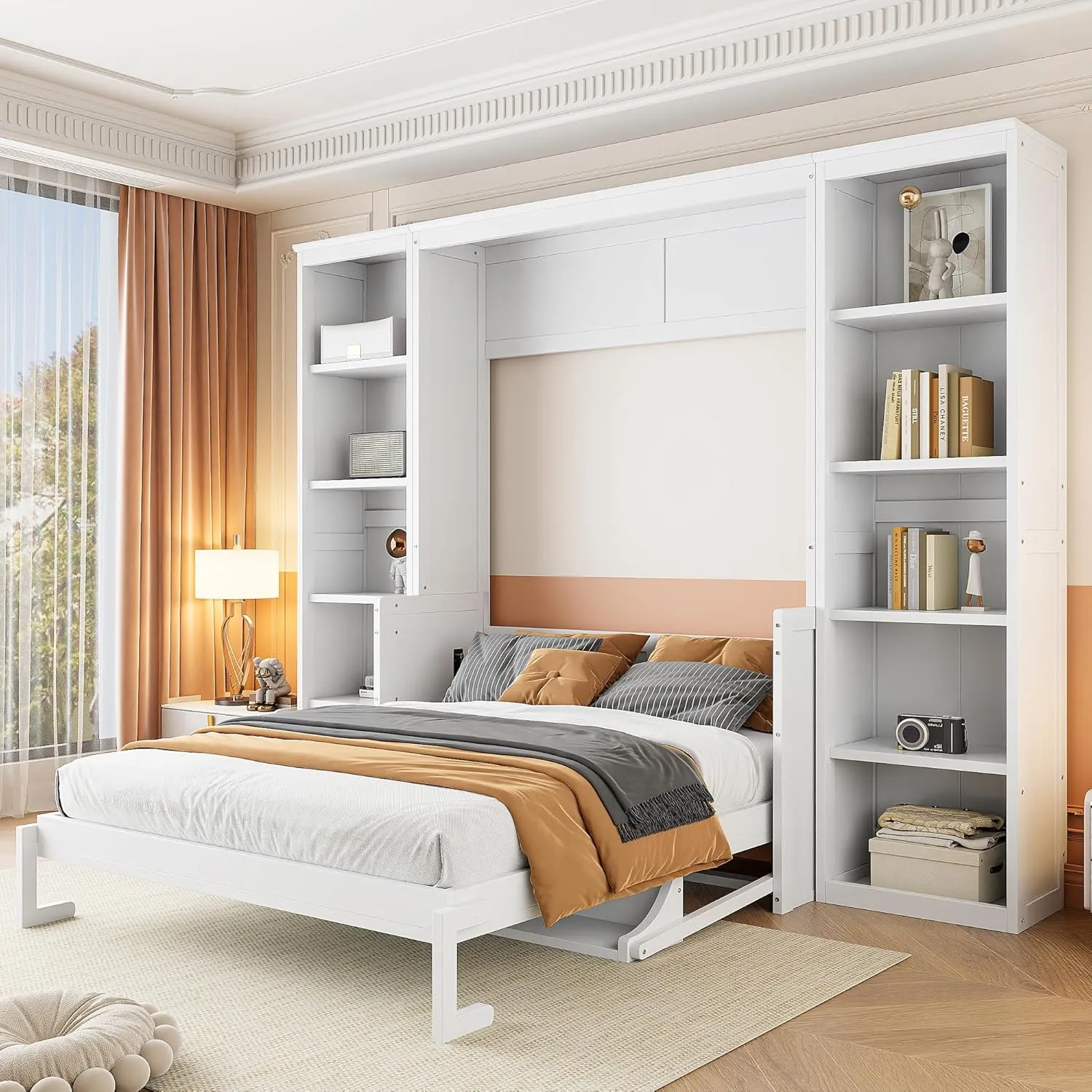 Merax Full Size Murphy Bed with Desk and Bookshelf, White