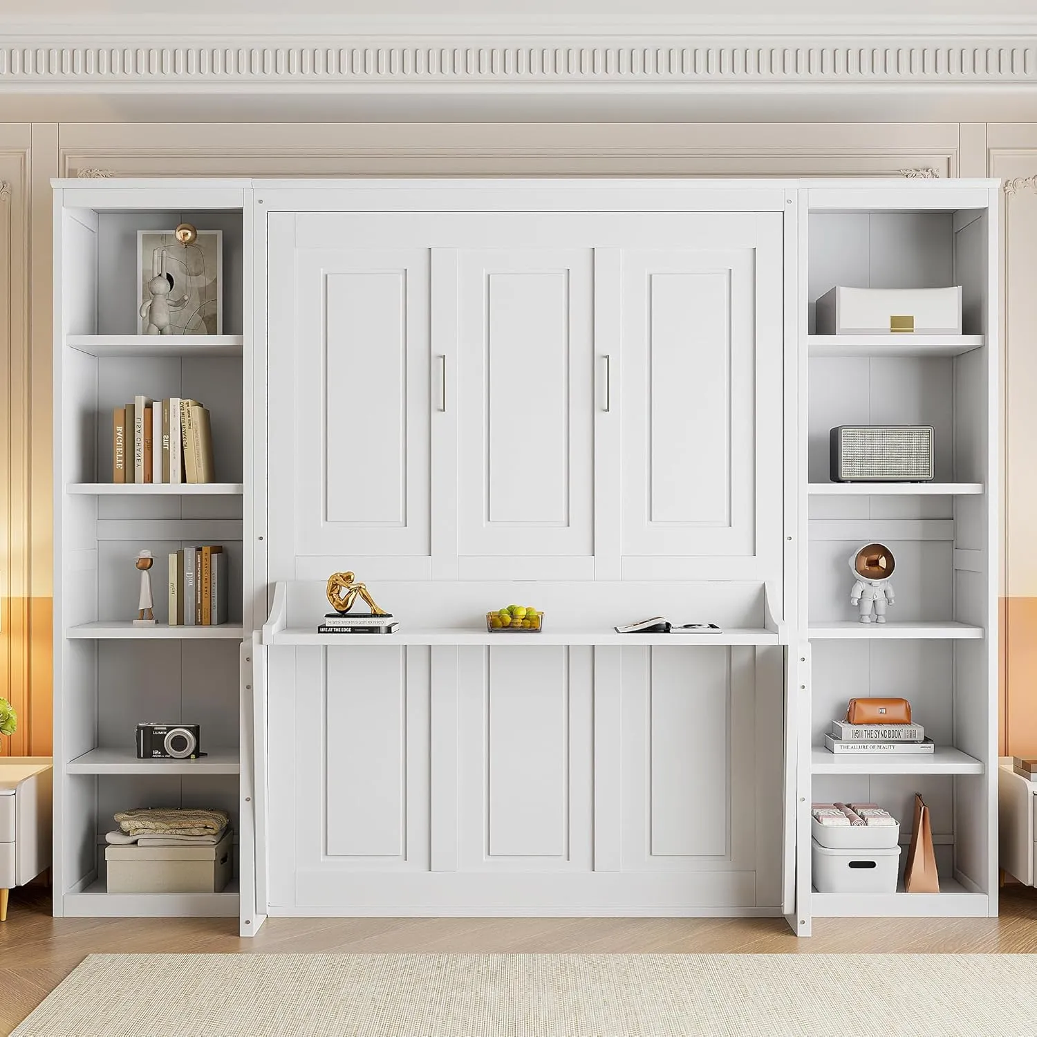 Merax Full Size Murphy Bed with Desk and Bookshelf, White