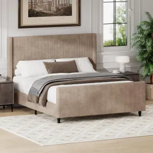 Merax King Size Bed Frame with 50.7'' Tall Headboard and Vertical Stripe Wingback & High Footboard, Corduroy Upholstered Platform Bed for Adults, Solid Wood Slats Support, No Box Spring Needed, Taupe
