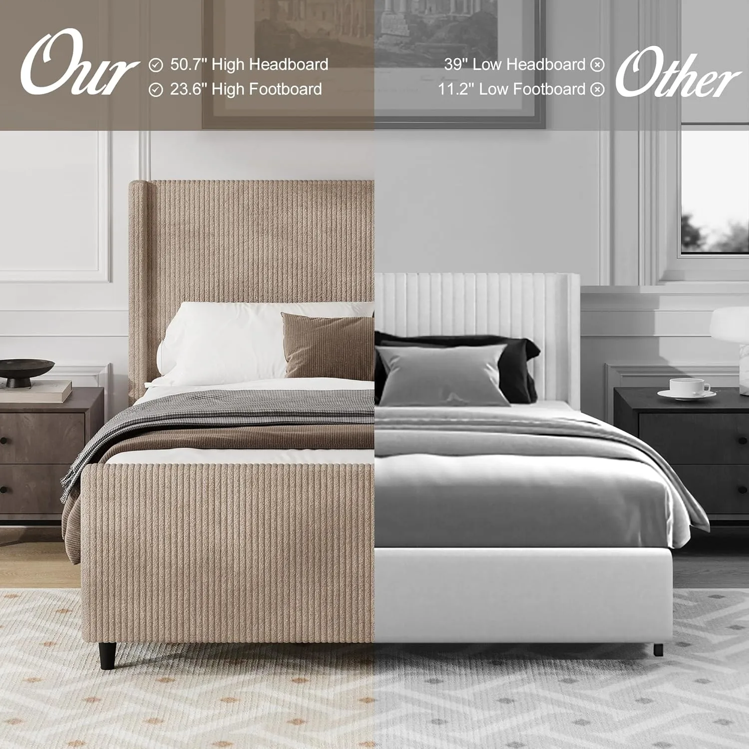 Merax King Size Bed Frame with 50.7'' Tall Headboard and Vertical Stripe Wingback & High Footboard, Corduroy Upholstered Platform Bed for Adults, Solid Wood Slats Support, No Box Spring Needed, Taupe