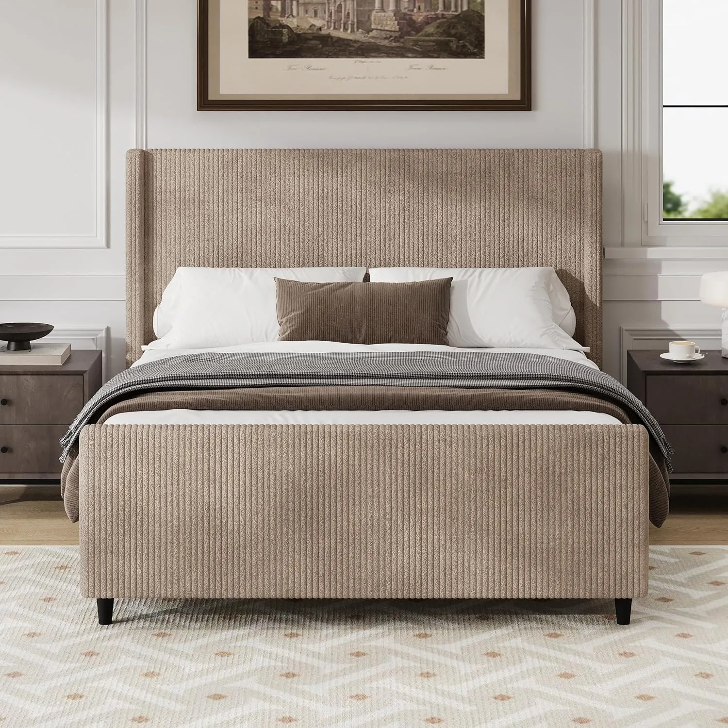Merax King Size Bed Frame with 50.7'' Tall Headboard and Vertical Stripe Wingback & High Footboard, Corduroy Upholstered Platform Bed for Adults, Solid Wood Slats Support, No Box Spring Needed, Taupe