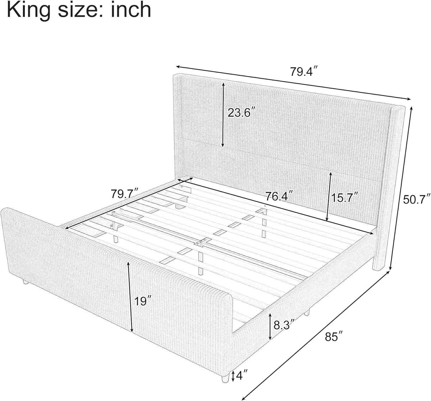Merax King Size Bed Frame with 50.7'' Tall Headboard and Vertical Stripe Wingback & High Footboard, Corduroy Upholstered Platform Bed for Adults, Solid Wood Slats Support, No Box Spring Needed, Taupe