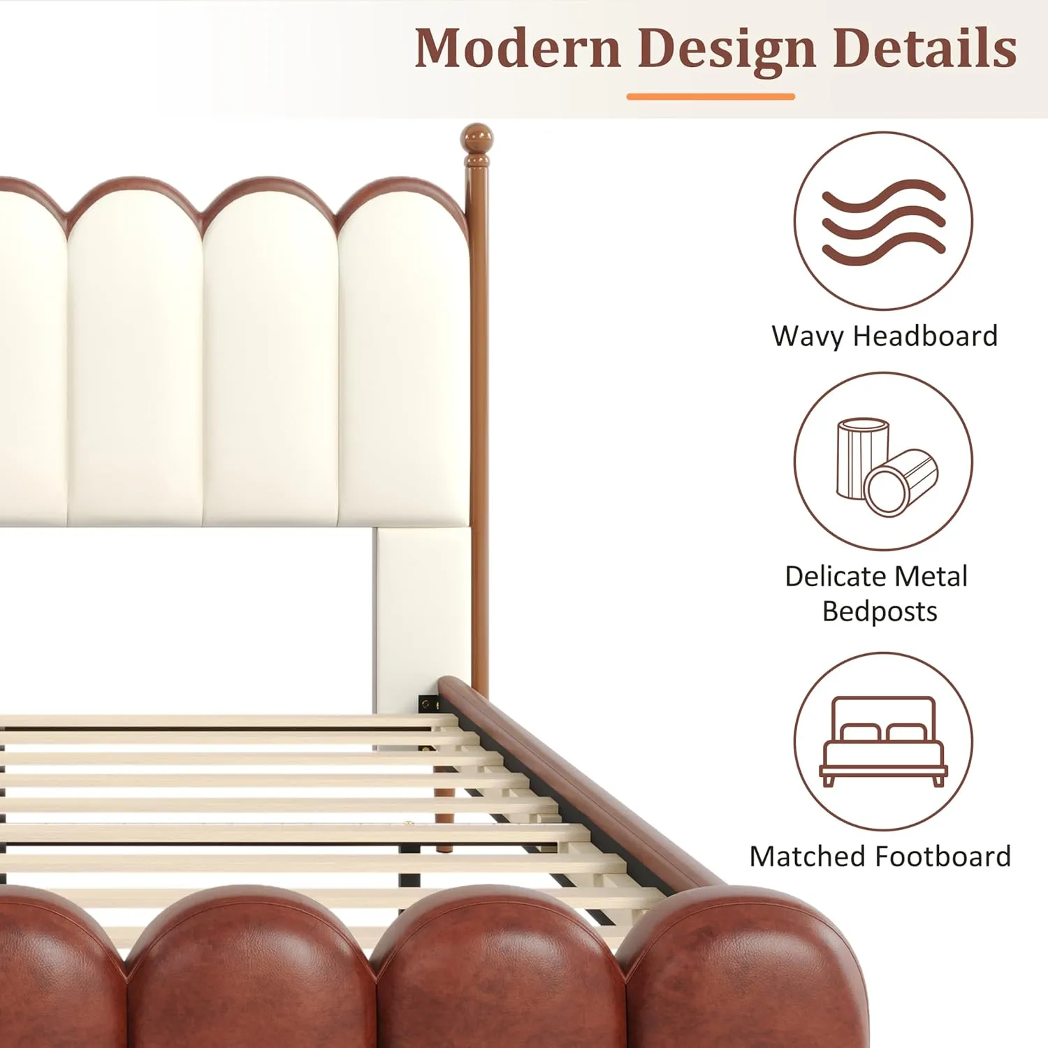 Merax Queen Size Leather Upholstered Bed with Headboard & Footboard, Wood Platform Bed Frame with Bedposts, Solid Wood Slats & Legs, No Spring Box Needed