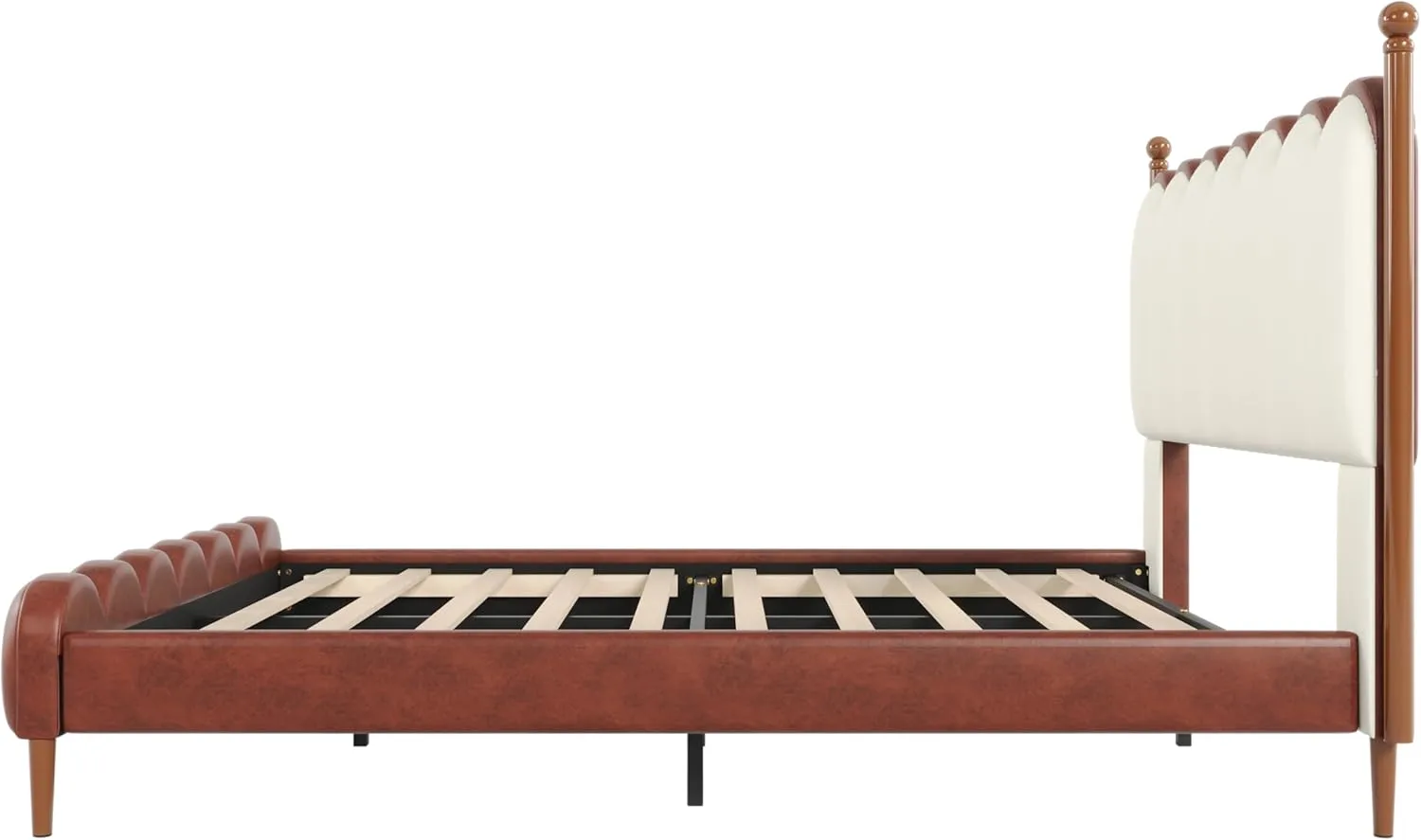 Merax Queen Size Leather Upholstered Bed with Headboard & Footboard, Wood Platform Bed Frame with Bedposts, Solid Wood Slats & Legs, No Spring Box Needed