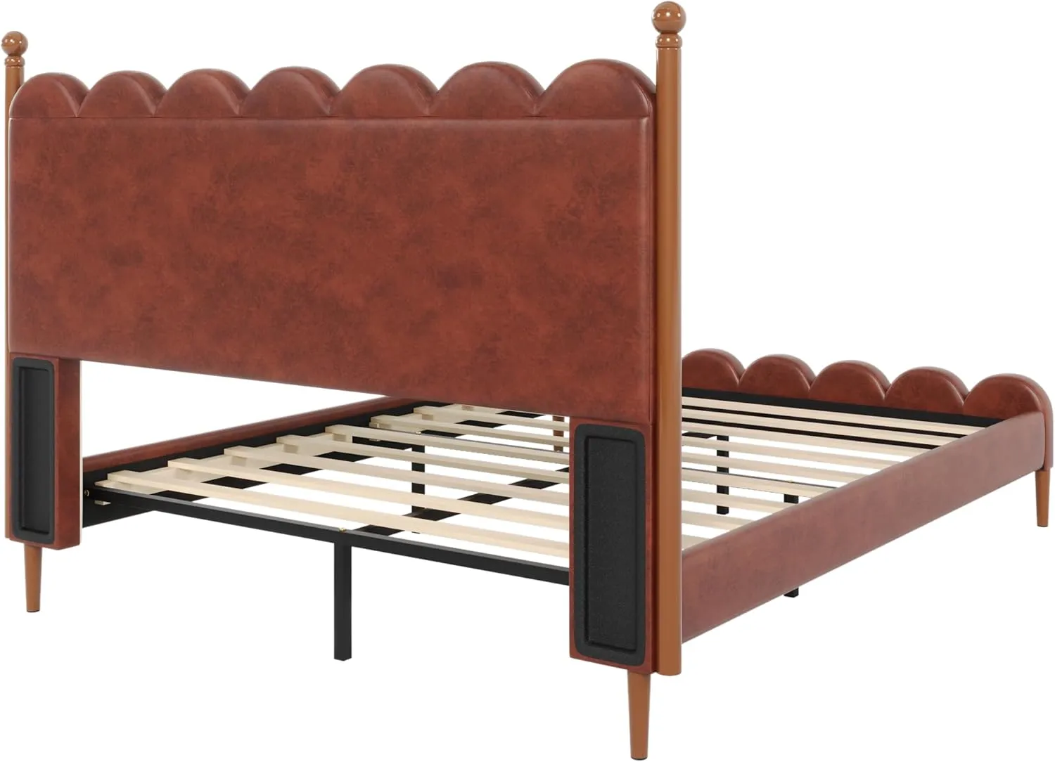 Merax Queen Size Leather Upholstered Bed with Headboard & Footboard, Wood Platform Bed Frame with Bedposts, Solid Wood Slats & Legs, No Spring Box Needed