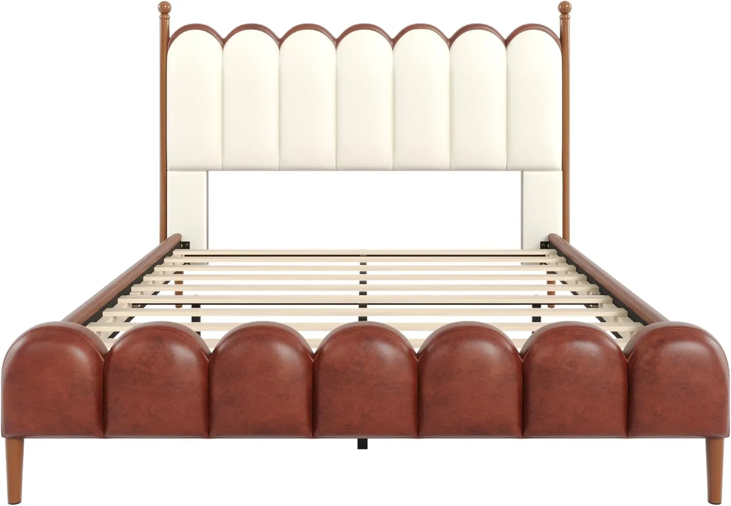 Merax Queen Size Leather Upholstered Bed with Headboard & Footboard, Wood Platform Bed Frame with Bedposts, Solid Wood Slats & Legs, No Spring Box Needed