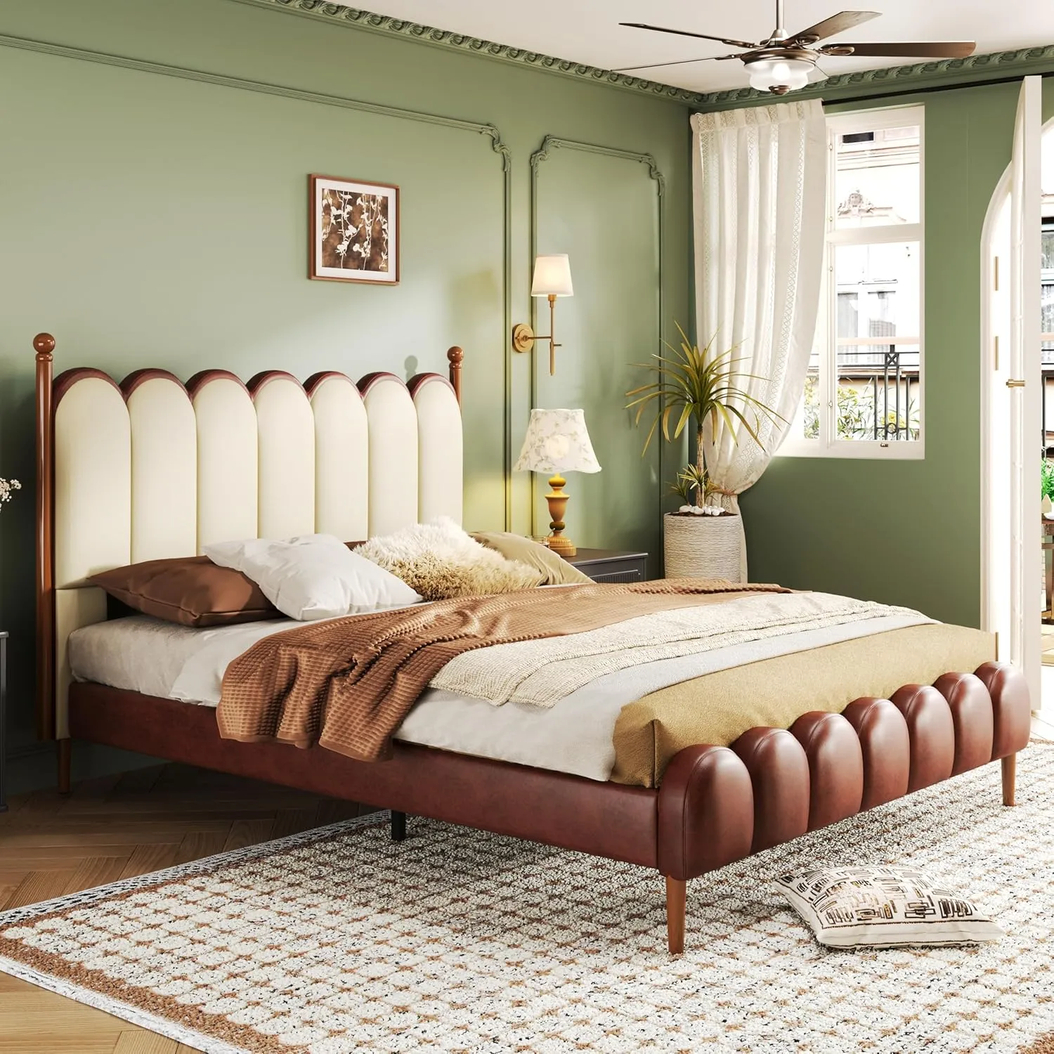 Merax Queen Size Leather Upholstered Bed with Headboard & Footboard, Wood Platform Bed Frame with Bedposts, Solid Wood Slats & Legs, No Spring Box Needed