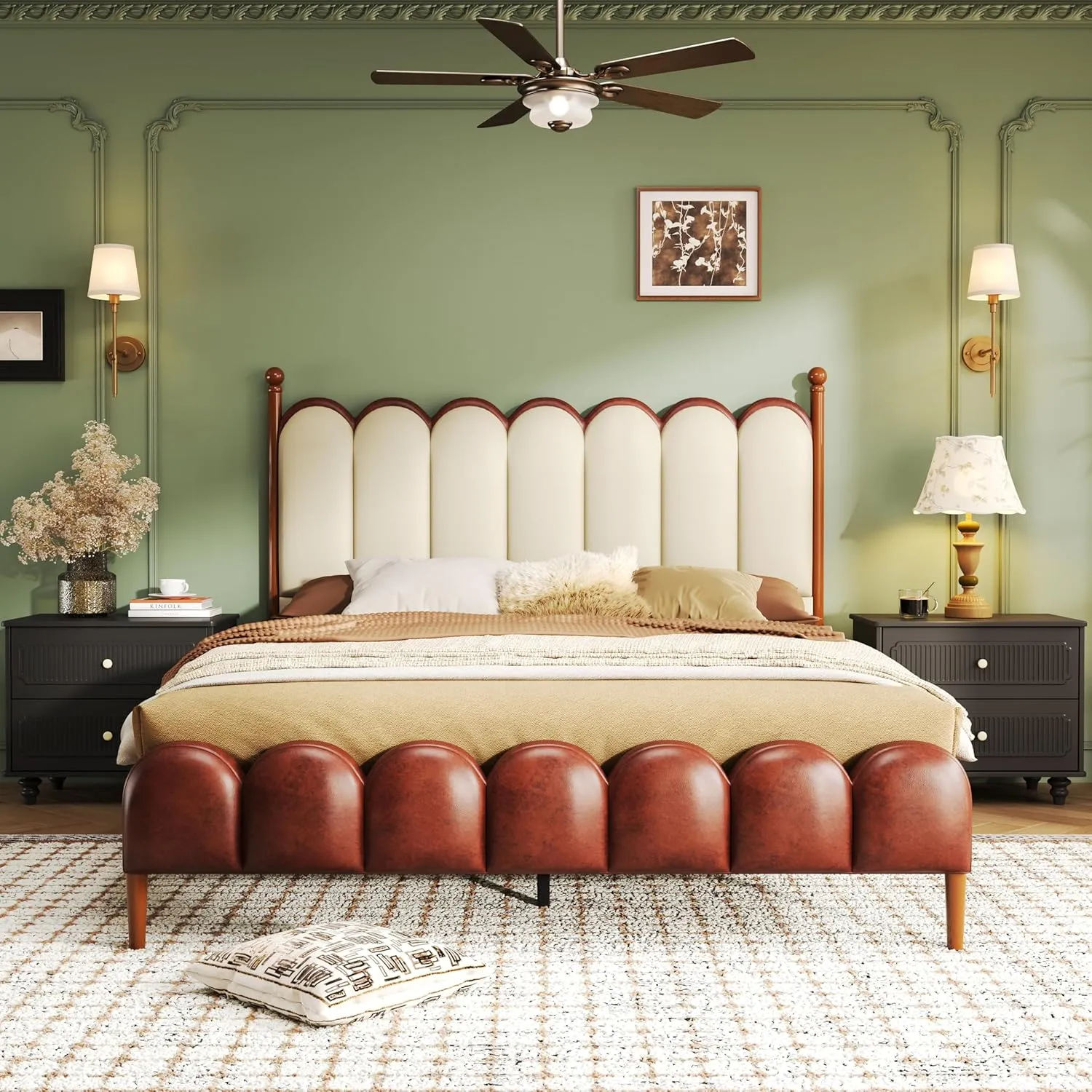 Merax Queen Size Leather Upholstered Bed with Headboard & Footboard, Wood Platform Bed Frame with Bedposts, Solid Wood Slats & Legs, No Spring Box Needed