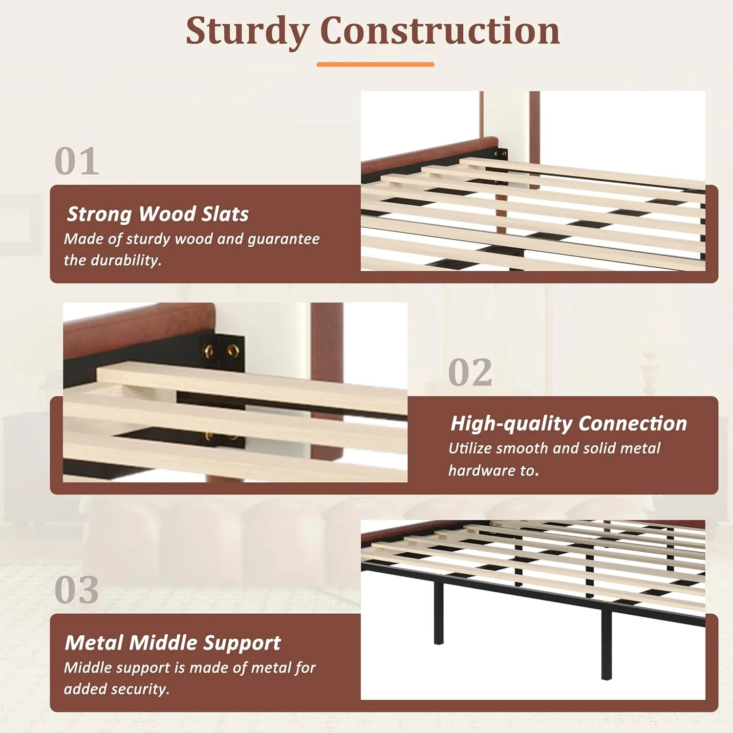 Merax Queen Size Leather Upholstered Bed with Headboard & Footboard, Wood Platform Bed Frame with Bedposts, Solid Wood Slats & Legs, No Spring Box Needed