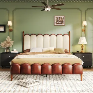Merax Queen Size Leather Upholstered Bed with Headboard & Footboard, Wood Platform Bed Frame with Bedposts, Solid Wood Slats & Legs, No Spring Box Needed