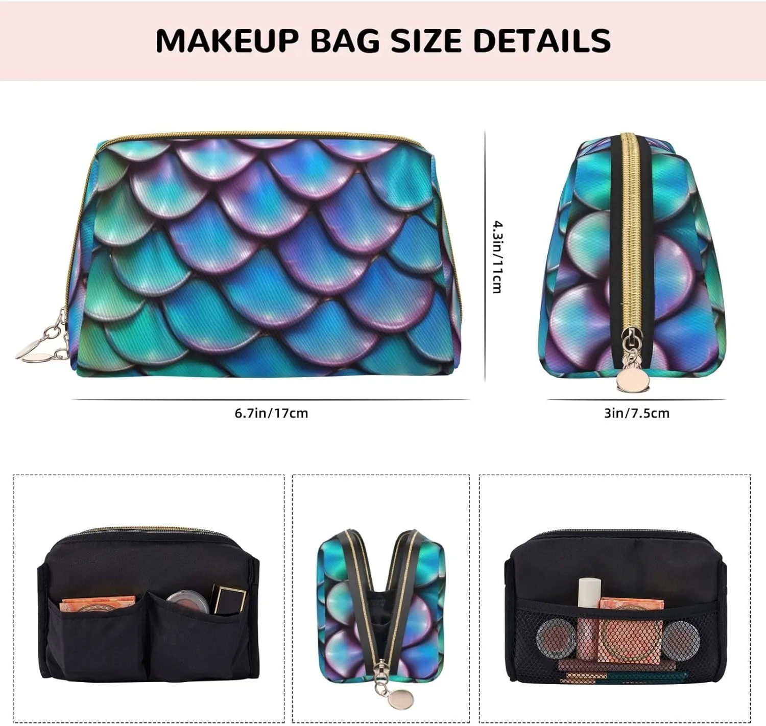 Mermaid Teal Fish Scale Toiletry Pouch, Travel-Friendly Makeup Organizer For Makeup Brushes, Lipsticks
