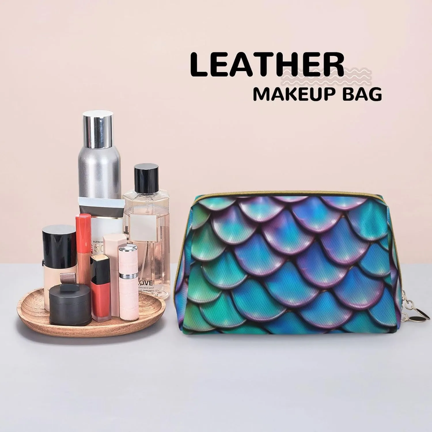 Mermaid Teal Fish Scale Toiletry Pouch, Travel-Friendly Makeup Organizer For Makeup Brushes, Lipsticks