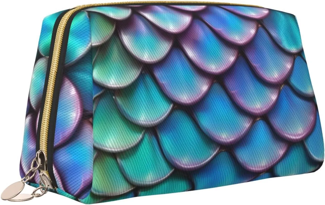 Mermaid Teal Fish Scale Toiletry Pouch, Travel-Friendly Makeup Organizer For Makeup Brushes, Lipsticks