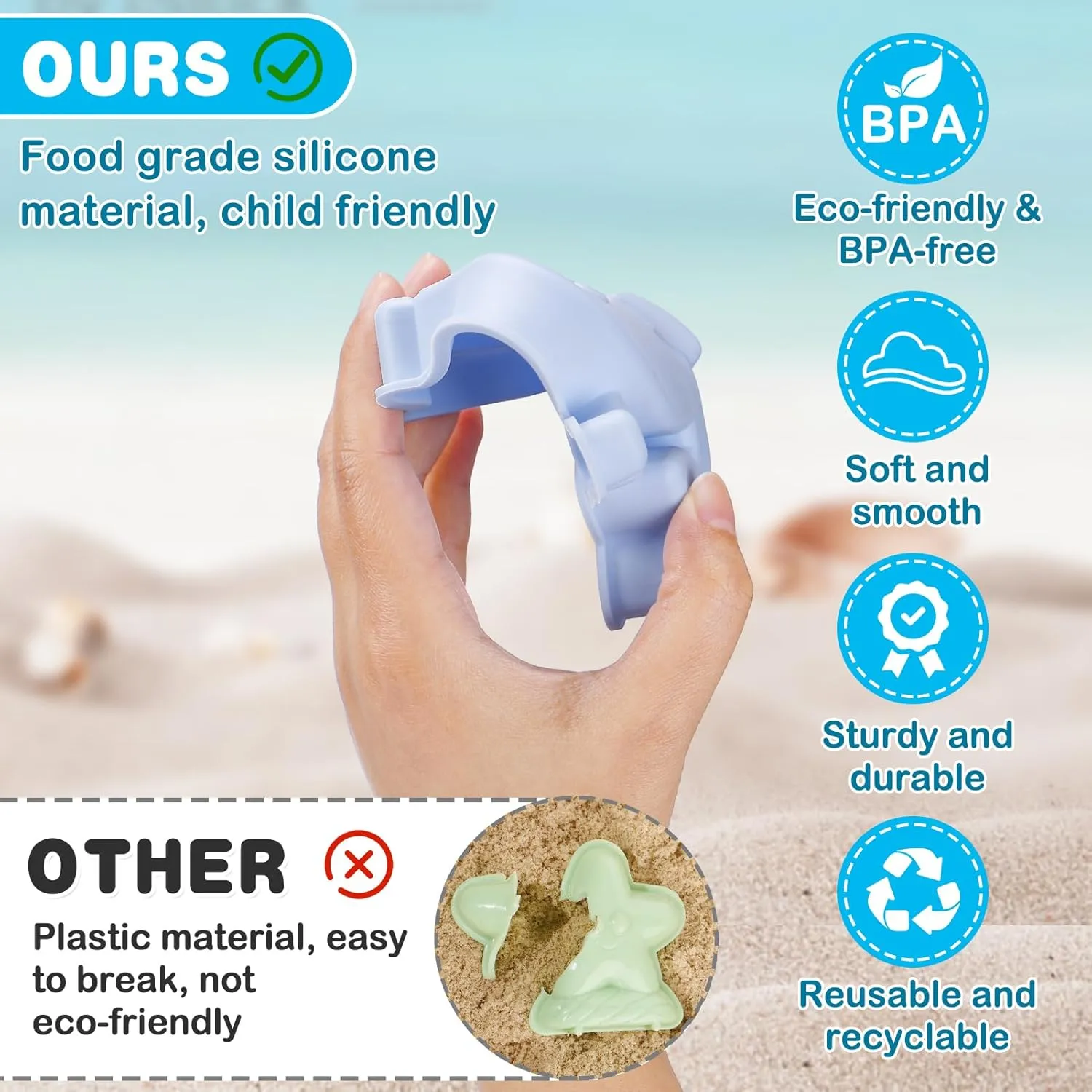 MEWTOGO Silicone Beach Sandbox Toys Set for Toddlers 1-3, Boys Baby Toys with Shovel Portable Beach Bag, Kids Beach Bucket with Sand Toy Molds for Outdoor Summer Playset Travel (Blue, 9Pcs)