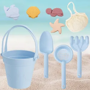 MEWTOGO Silicone Beach Sandbox Toys Set for Toddlers 1-3, Boys Baby Toys with Shovel Portable Beach Bag, Kids Beach Bucket with Sand Toy Molds for Outdoor Summer Playset Travel (Blue, 9Pcs)