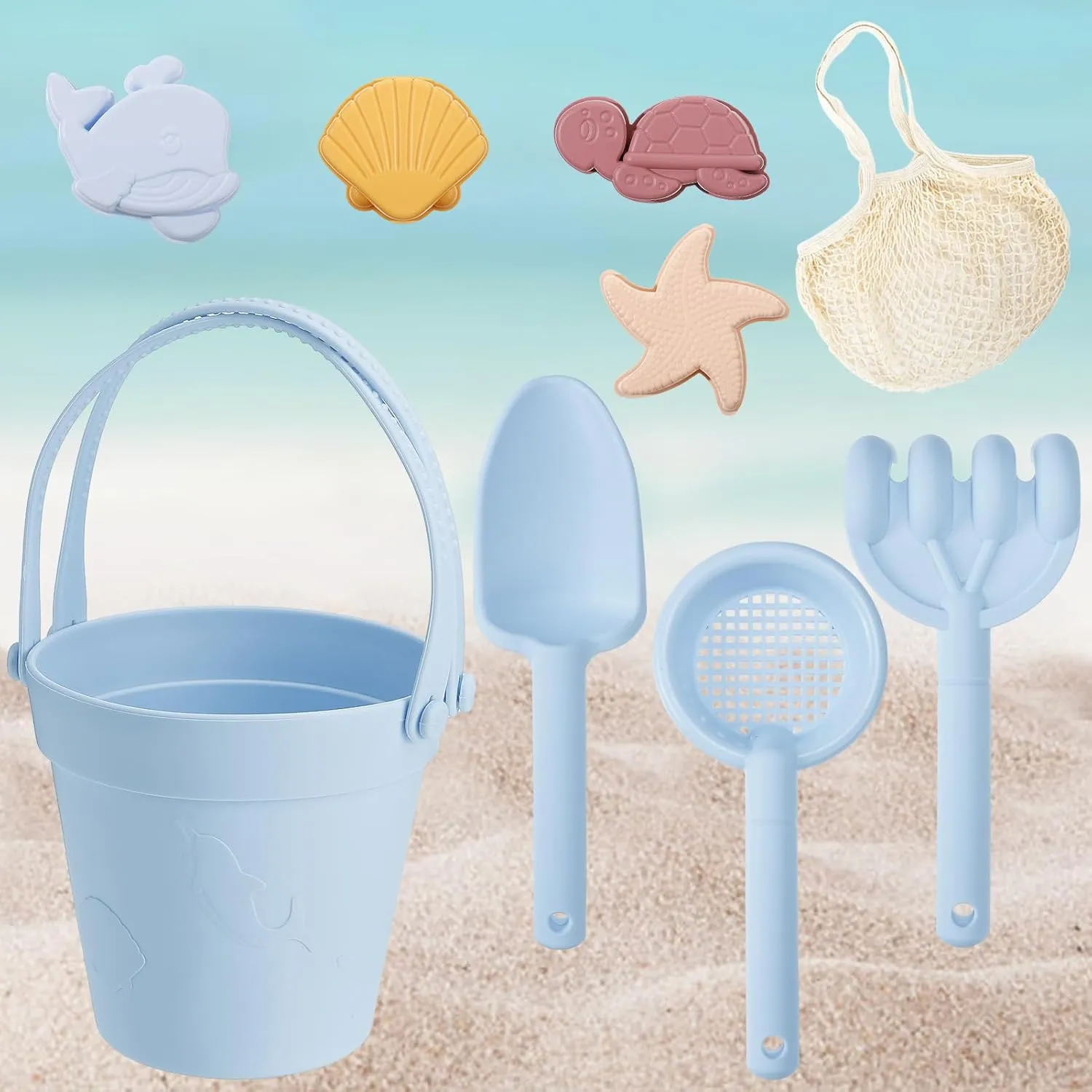 MEWTOGO Silicone Beach Sandbox Toys Set for Toddlers 1-3, Boys Baby Toys with Shovel Portable Beach Bag, Kids Beach Bucket with Sand Toy Molds for Outdoor Summer Playset Travel (Blue, 9Pcs)