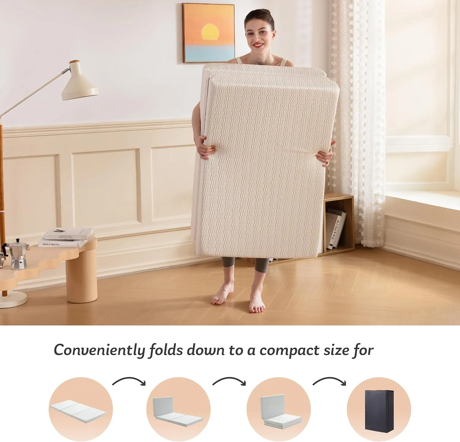 MLILY Folding Mattress, 4 inch Single Tri-fold Memory Foam Mattress, Foldable Mattress with Storage Bag and Washable Cover, Travel and Guest Mat, 75"×25", White