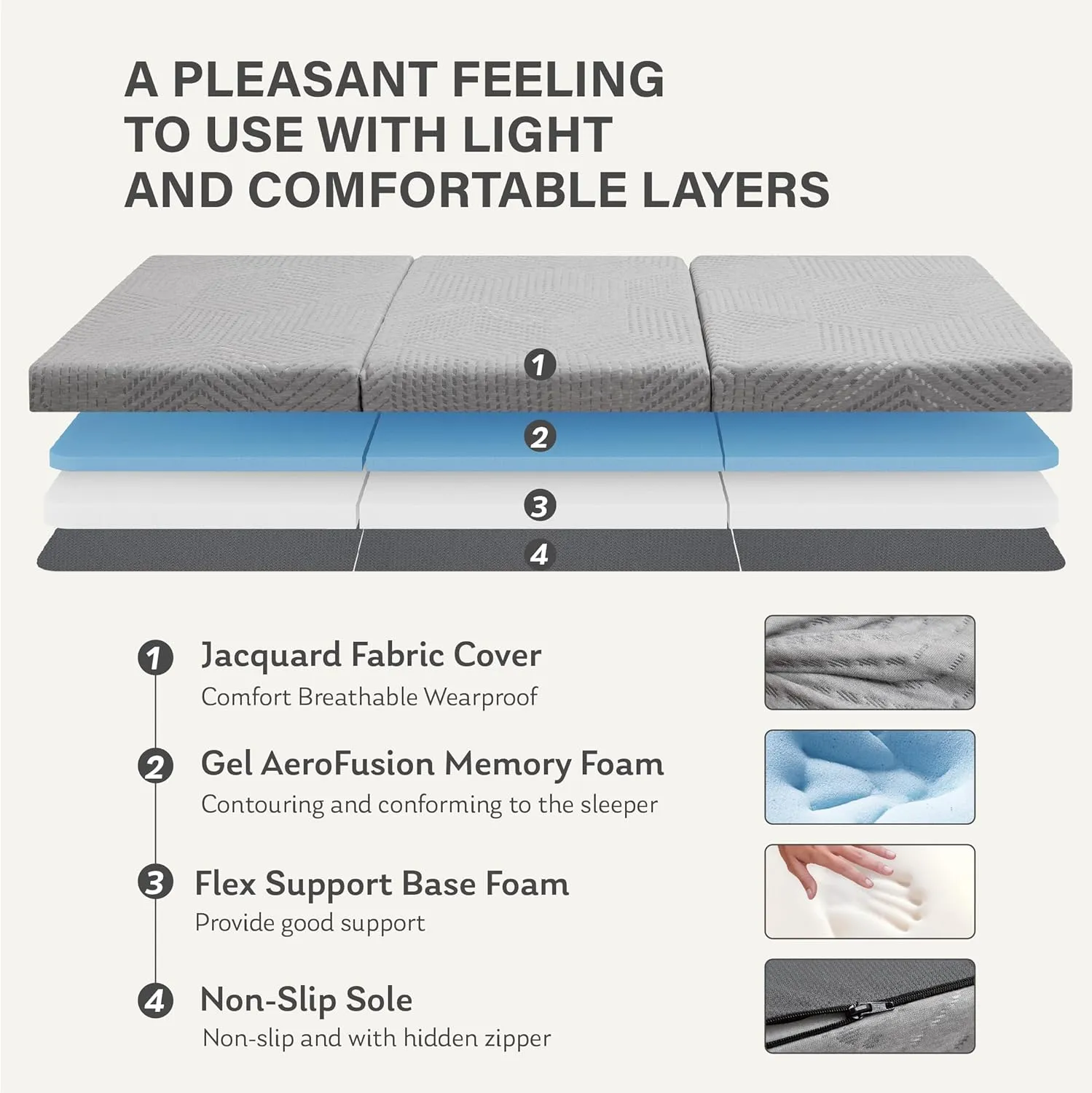 MLILY Tri-Fold Memory Foam Mattress, 4 inch Single Folding Mattress with Collapsible and Washable Cover, Travel and Guest Mat, 75"×25"×4", Grey